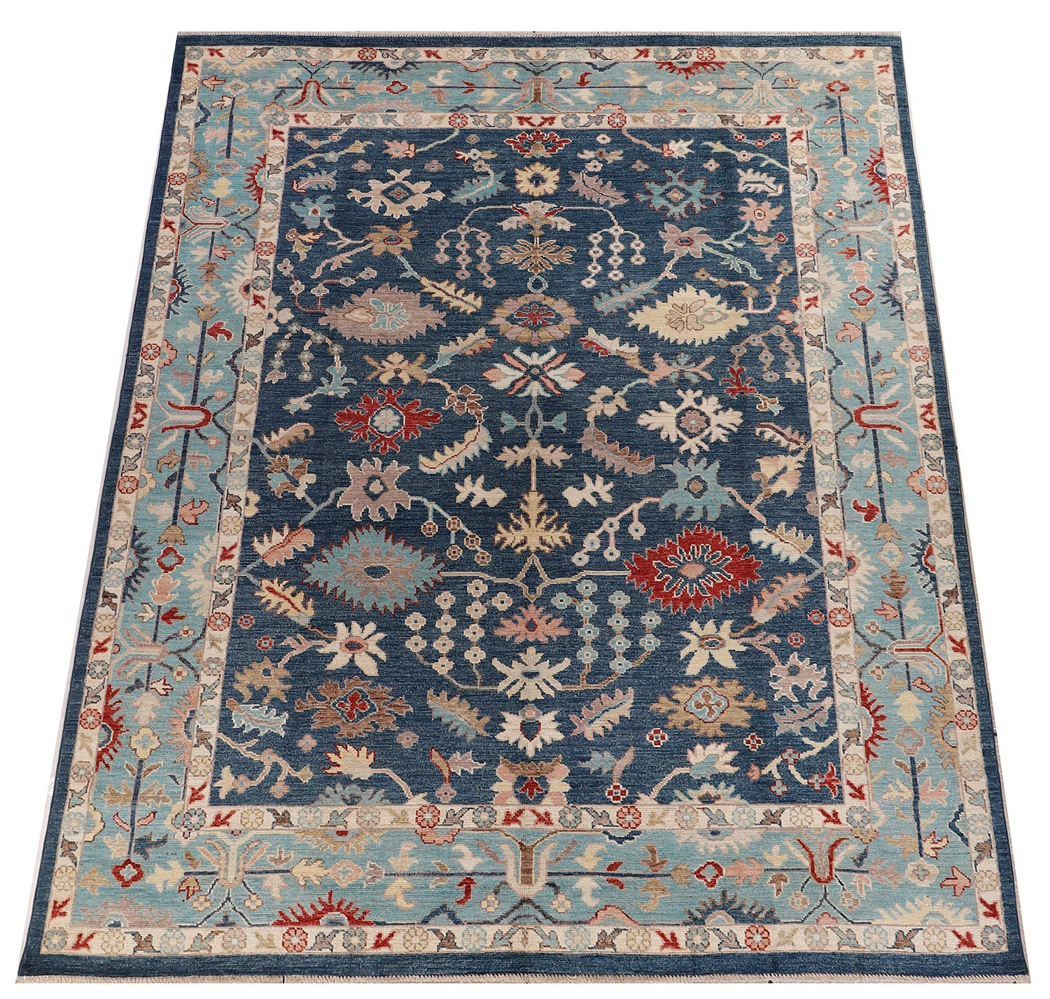 9' x 12' Blue Handmade Turkish Rug OUSHAK Rectangular