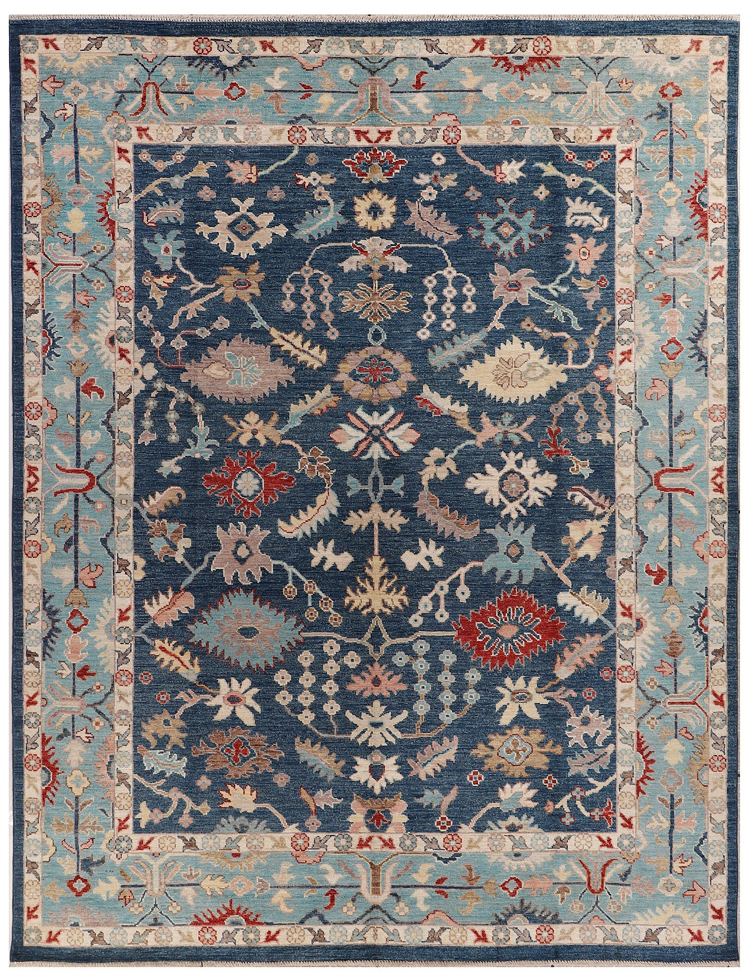 9' x 12' Blue Handmade Turkish Rug OUSHAK Rectangular