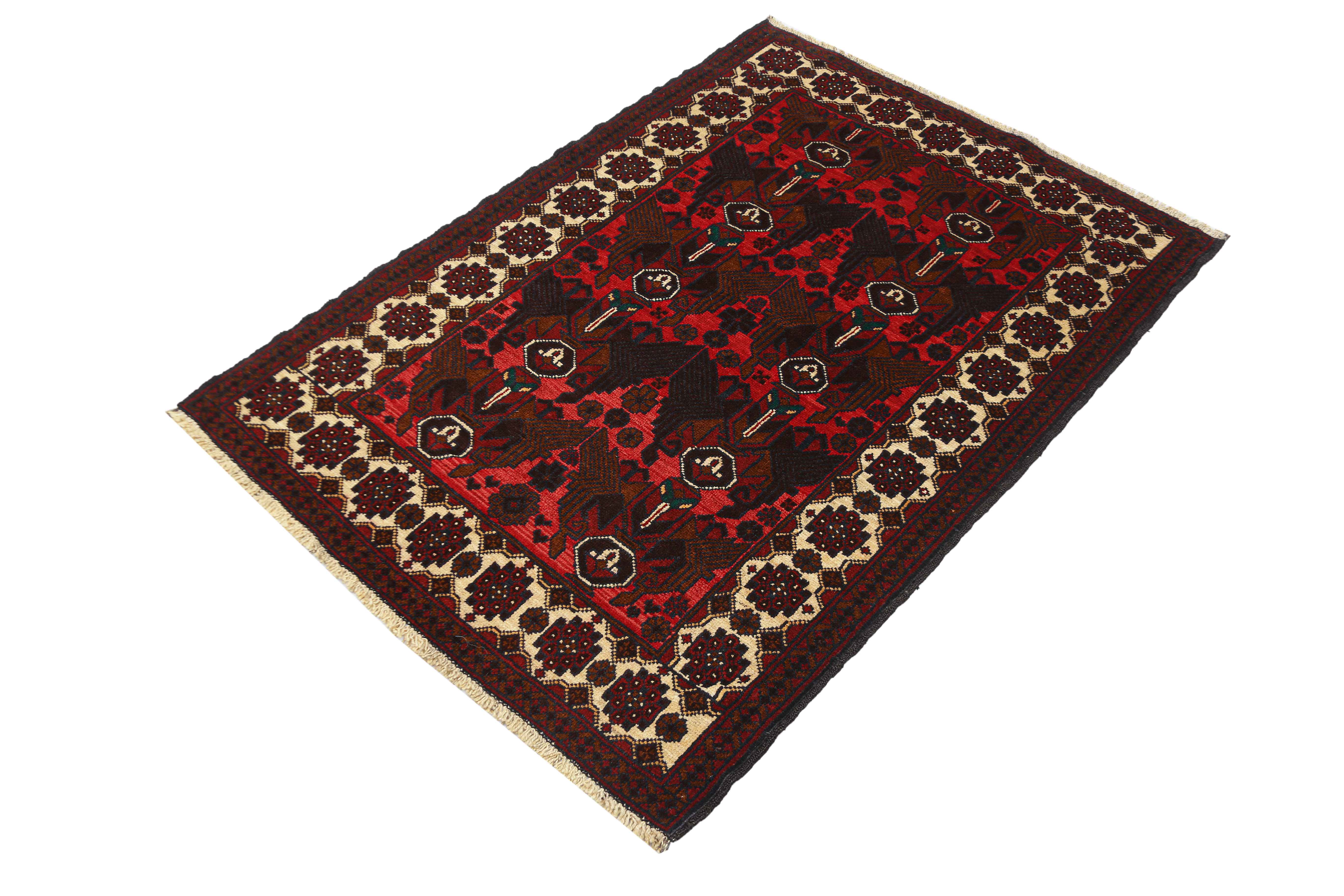 3' x 5' Red Handmade Adraskan Baluchi Afghan Rug Rectangular