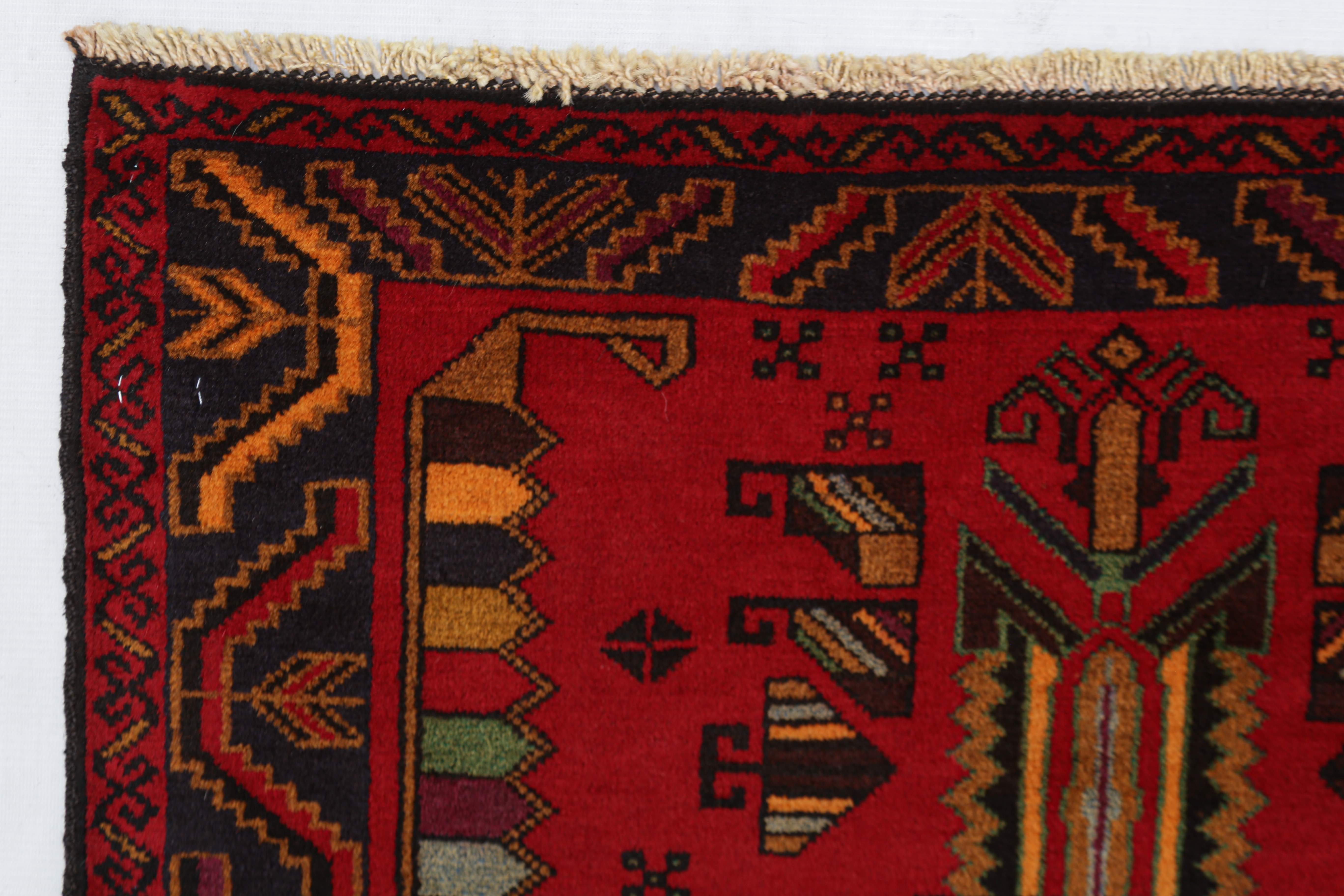 3' x 5' Red Handmade Adraskan Baluchi Afghan Rug Rectangular