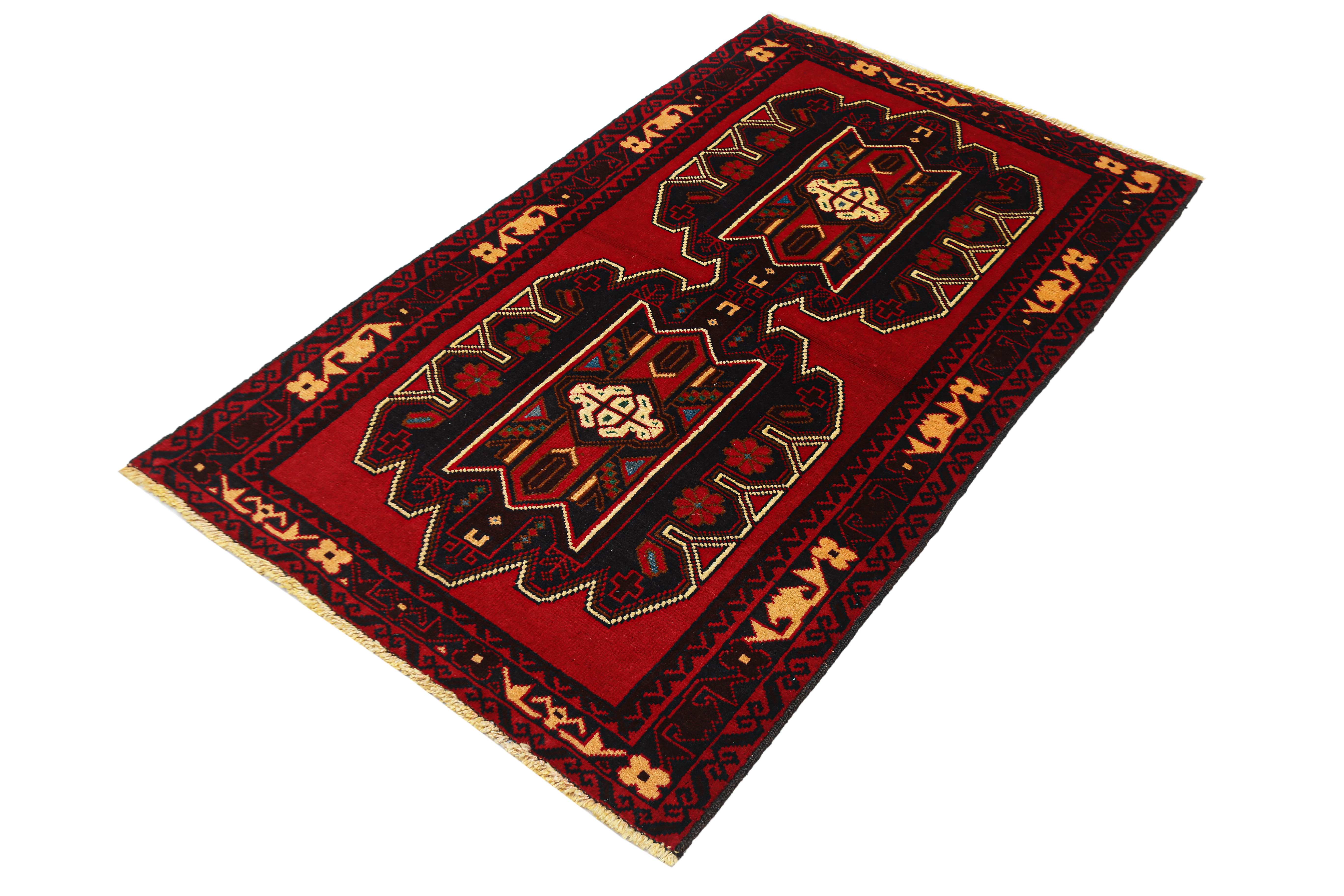 3' x 5' Red Handmade Adraskan Baluchi Afghan Rug Rectangular