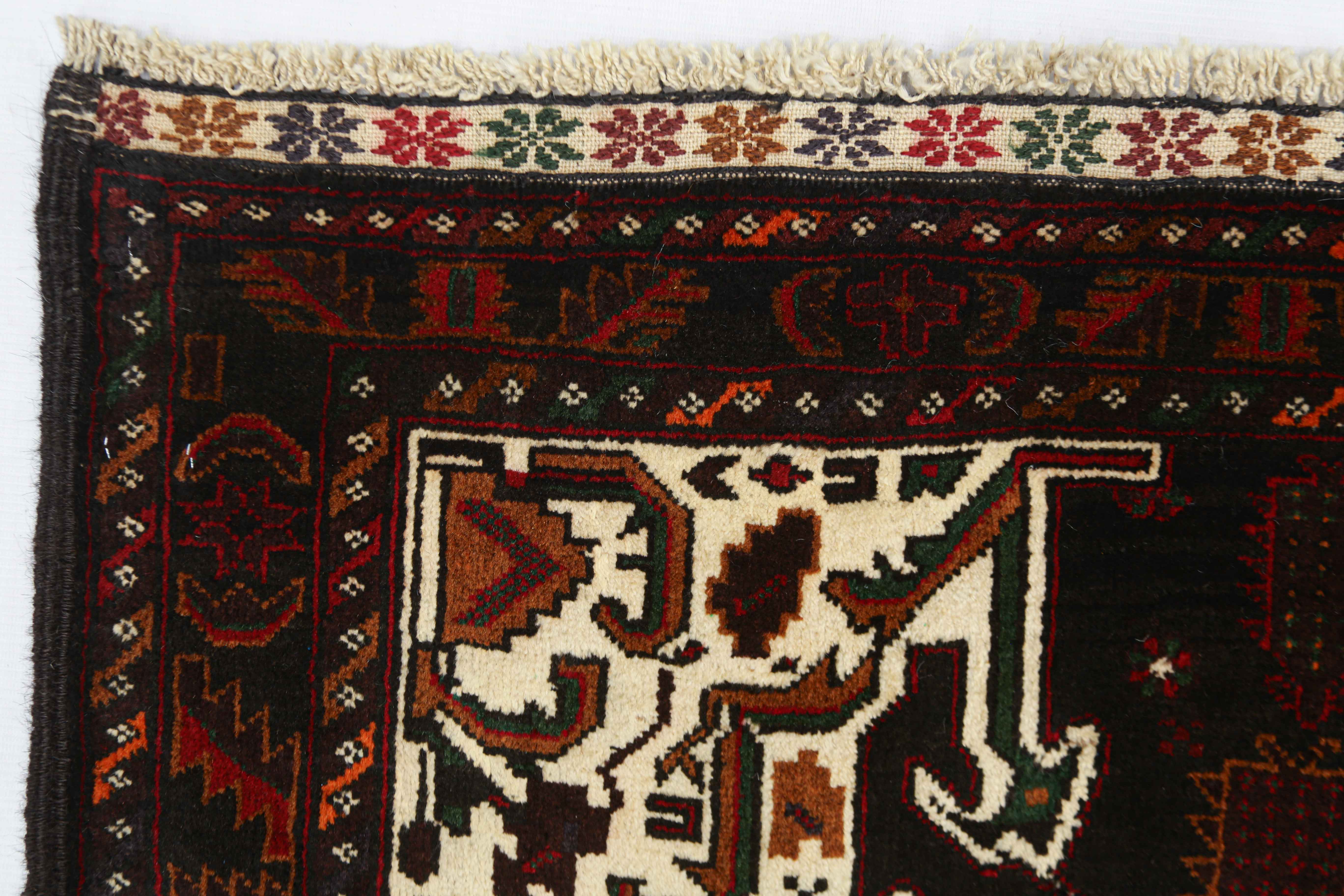 3' x 5' Black Handmade Adraskan Baluchi Afghan Rug Rectangular