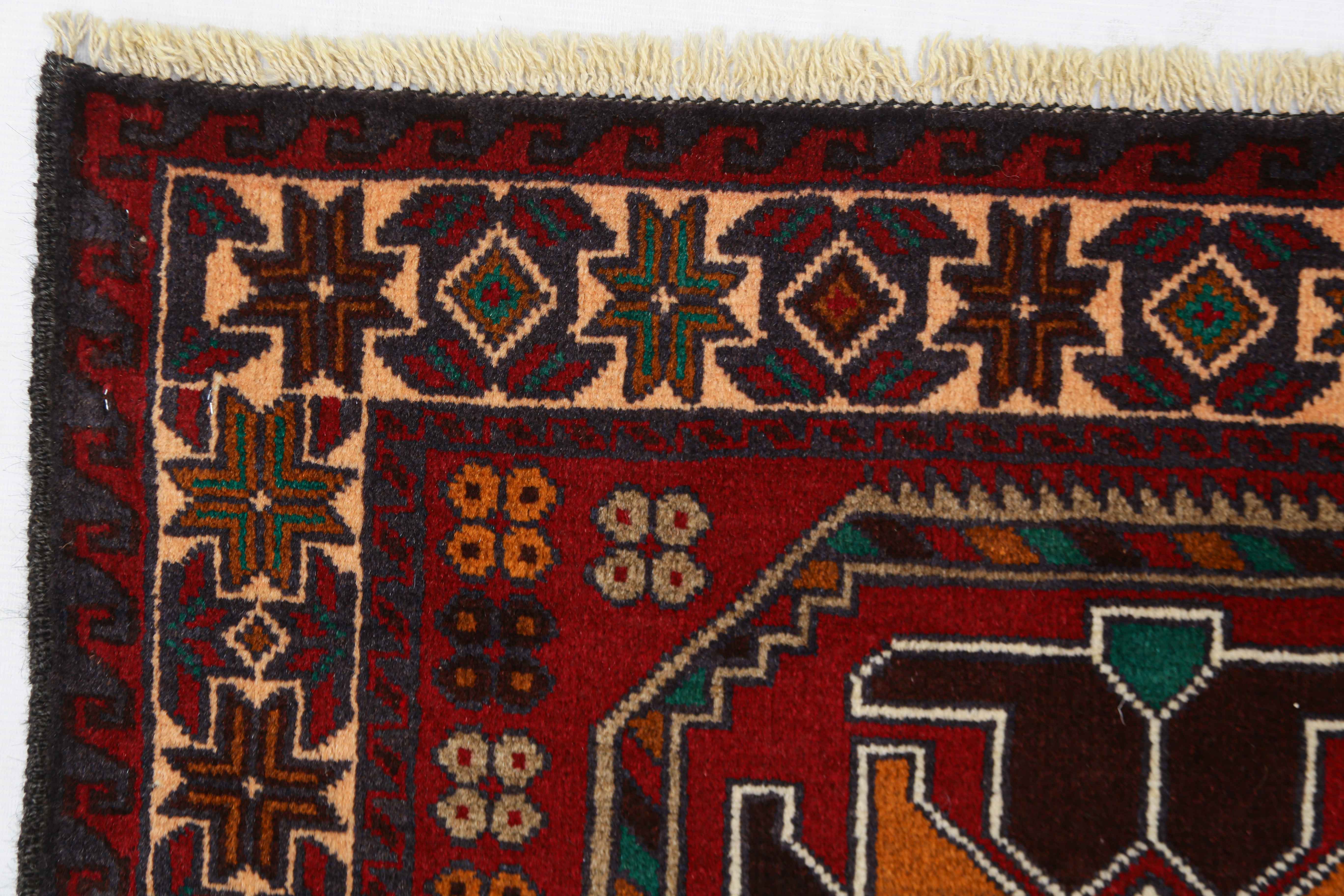3' X 4' Red Handmade Adraskan Baluchi Afghan Rug Rectangular