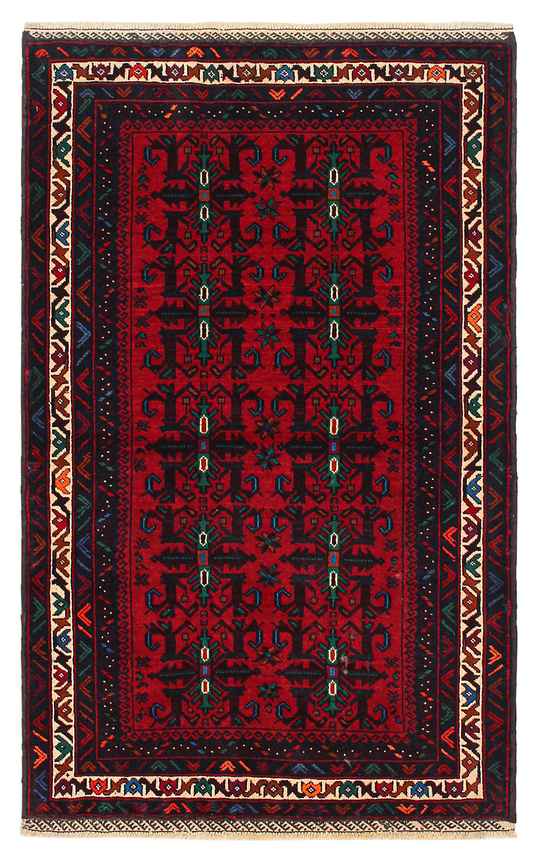 3' X 5' Red Handmade Adraskan Baluchi Afghan Rug Rectangular