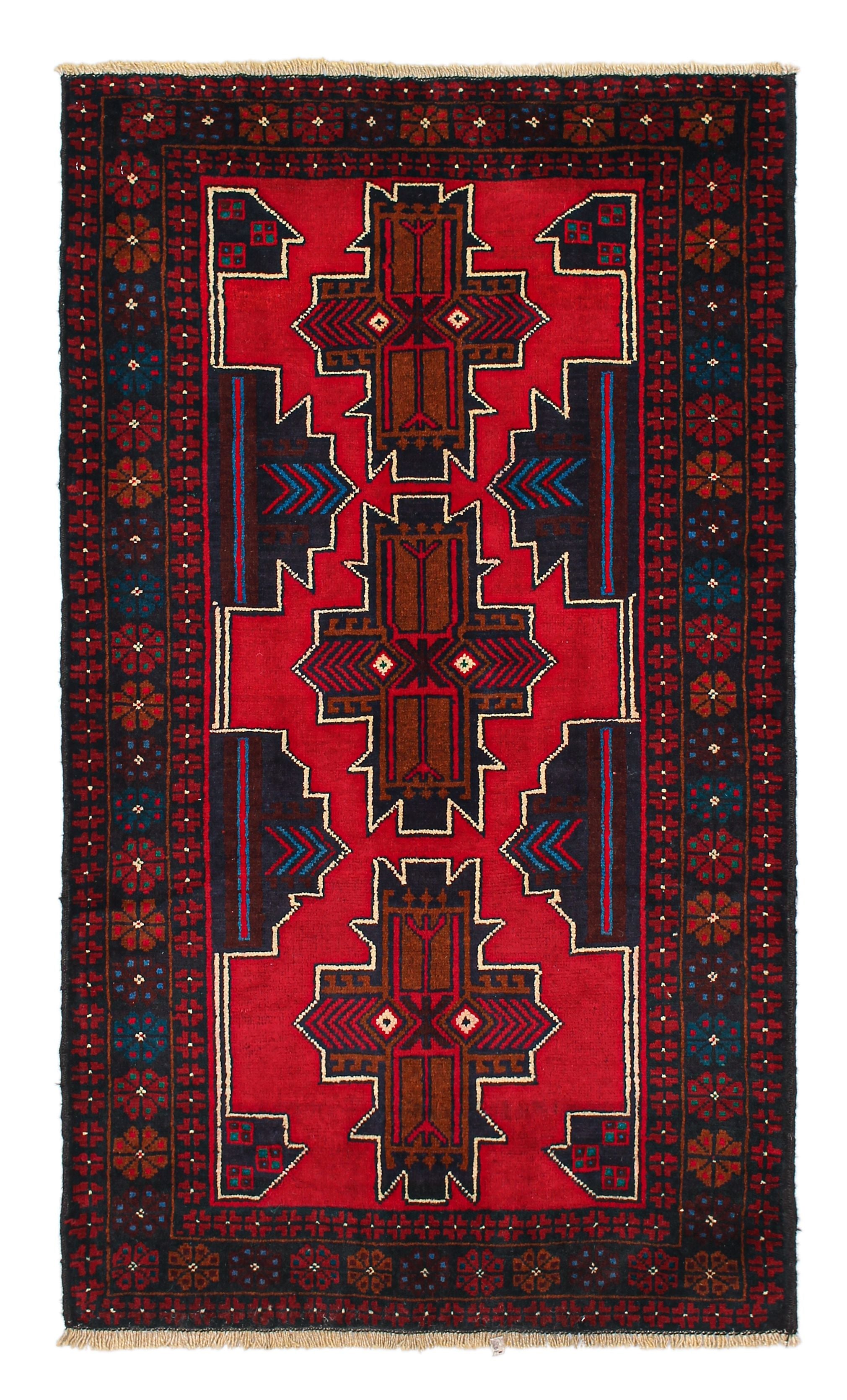 3' x 5' Red Handmade Adraskan Baluchi Afghan Rug Rectangular