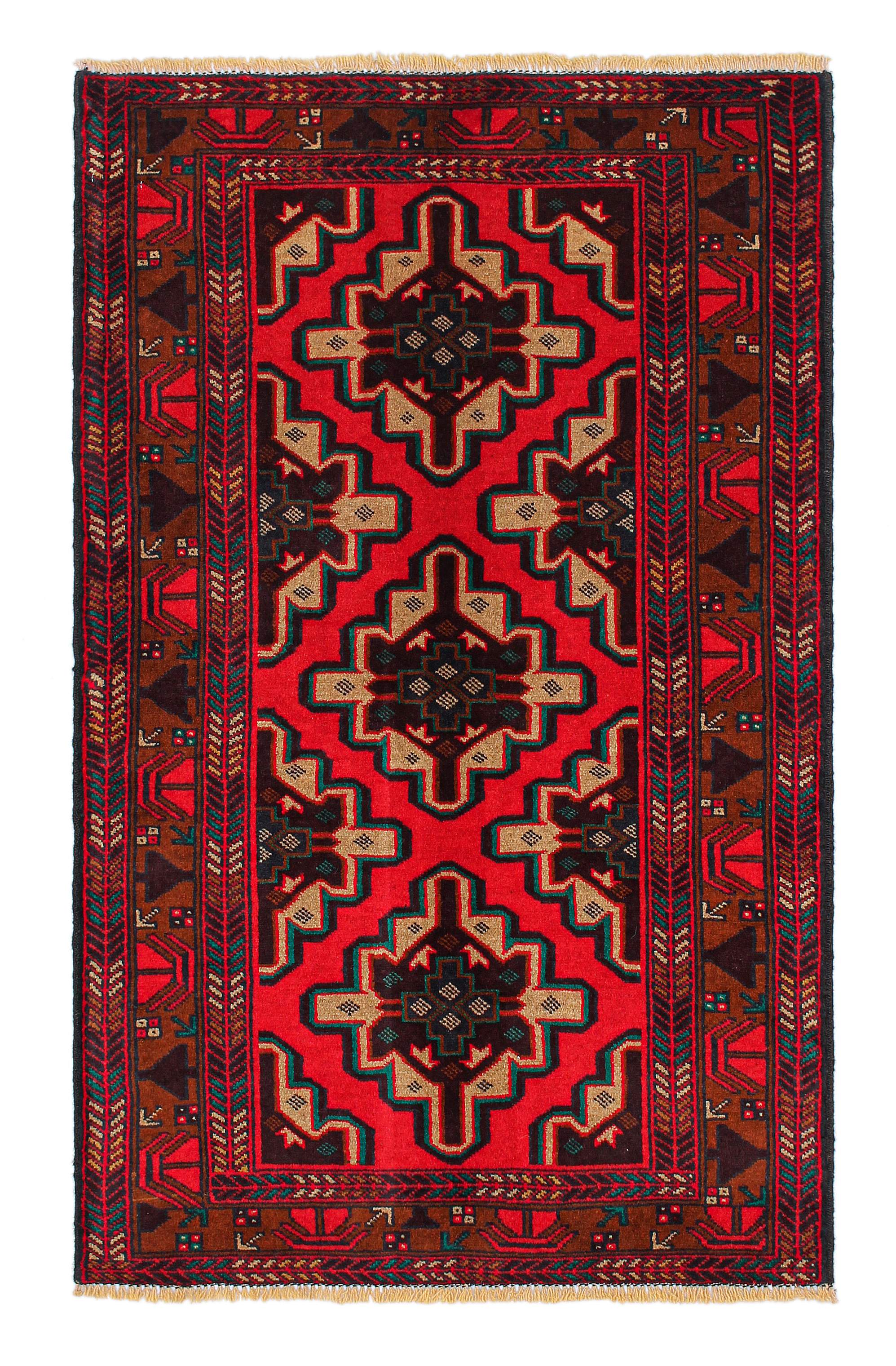 3' X 5' Red Handmade Adraskan Baluchi Afghan Rug Rectangular