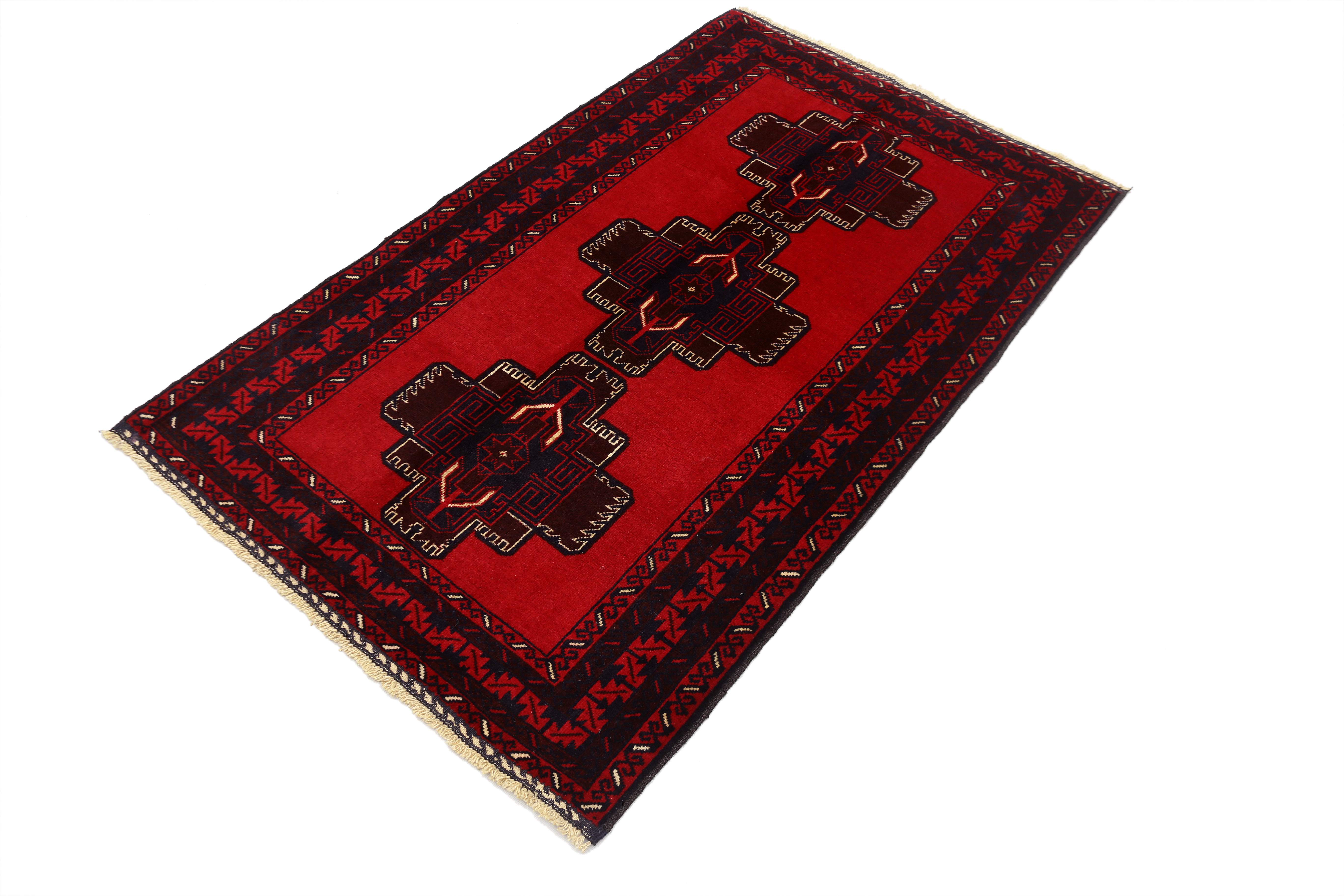 3' X 4' Red Handmade Adraskan Baluchi Afghan Rug Rectangular