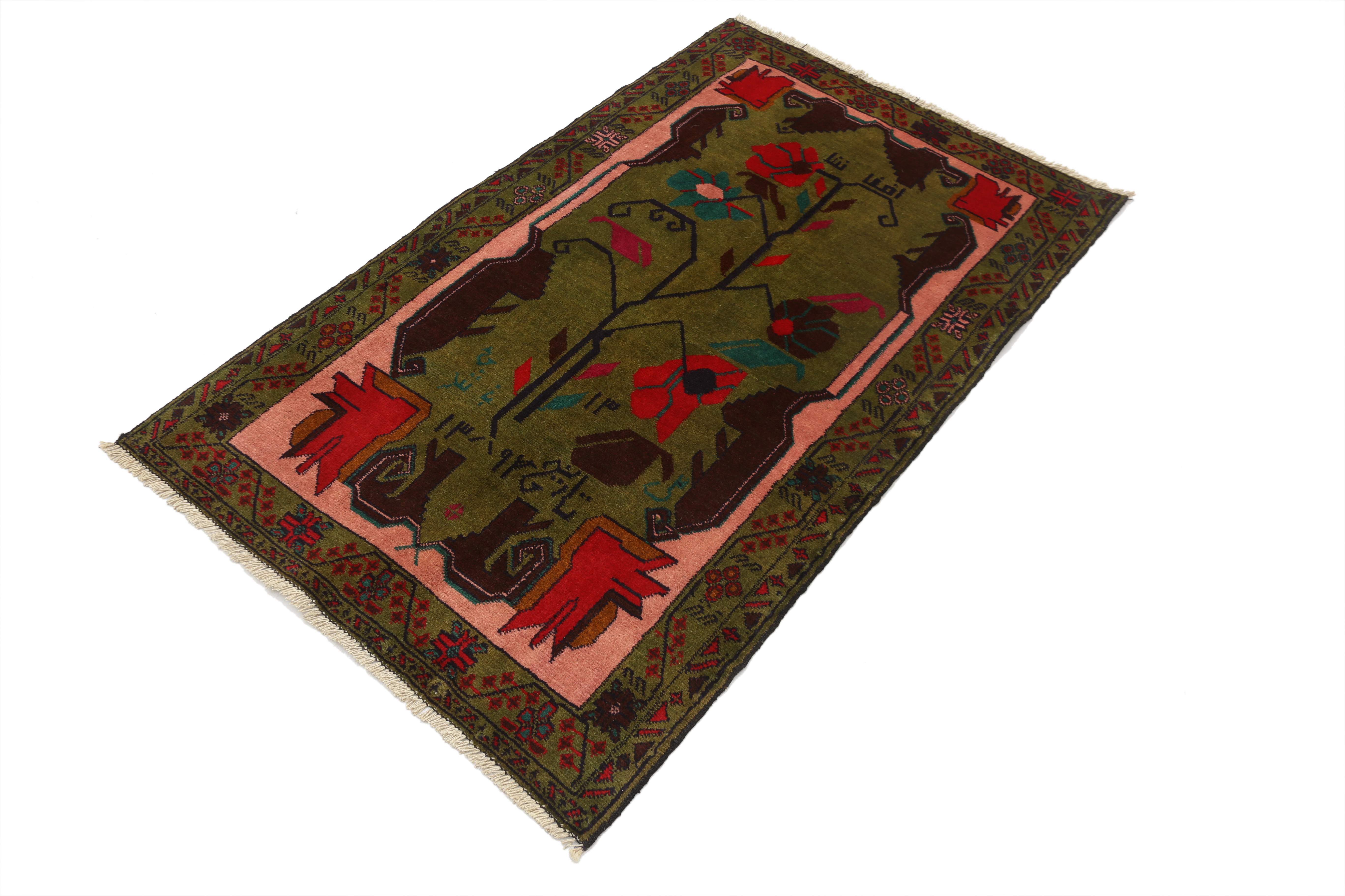 3' x 5' Green Handmade Adraskan Baluchi Afghan Rug Rectangular