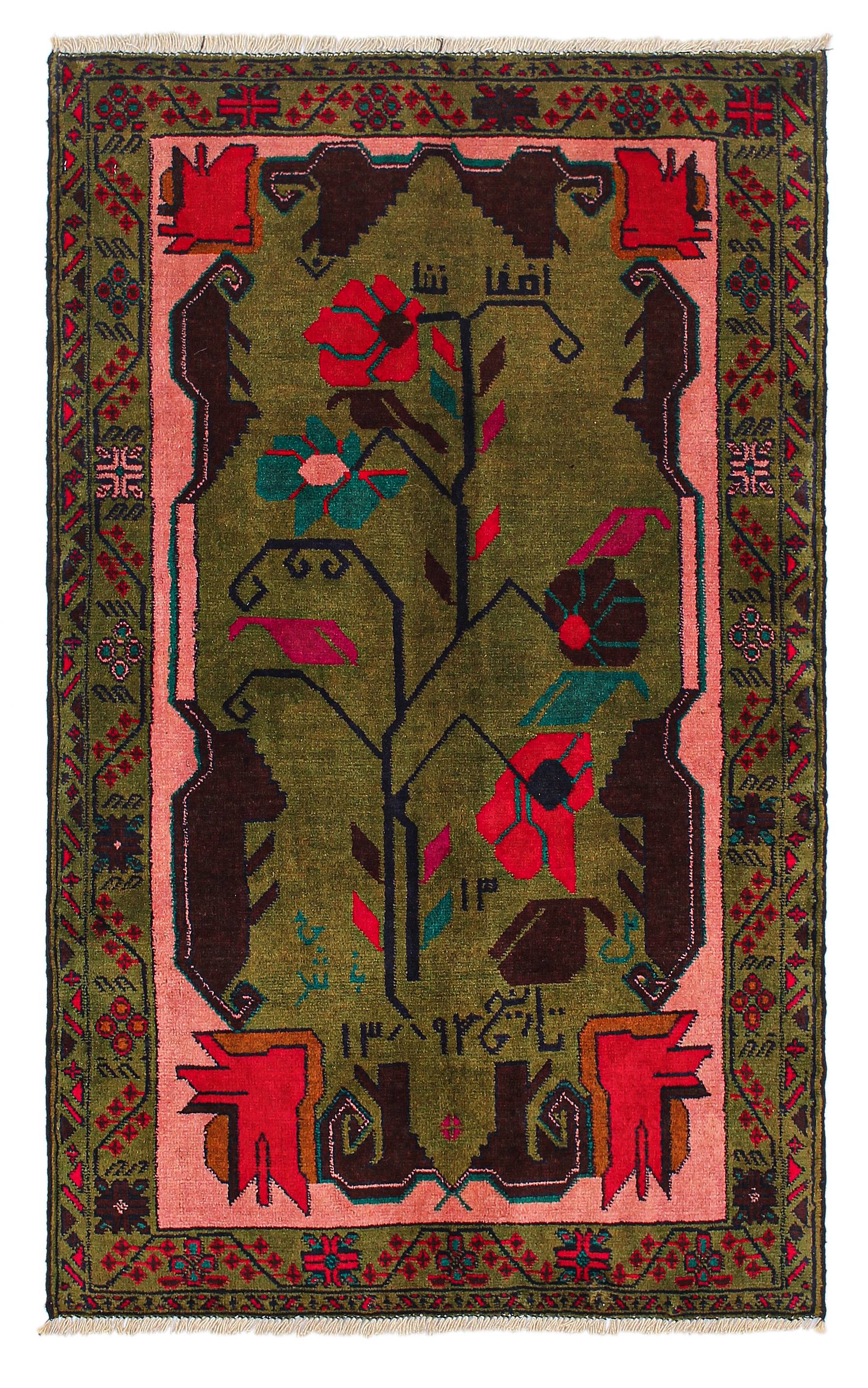 3' x 5' Green Handmade Adraskan Baluchi Afghan Rug Rectangular
