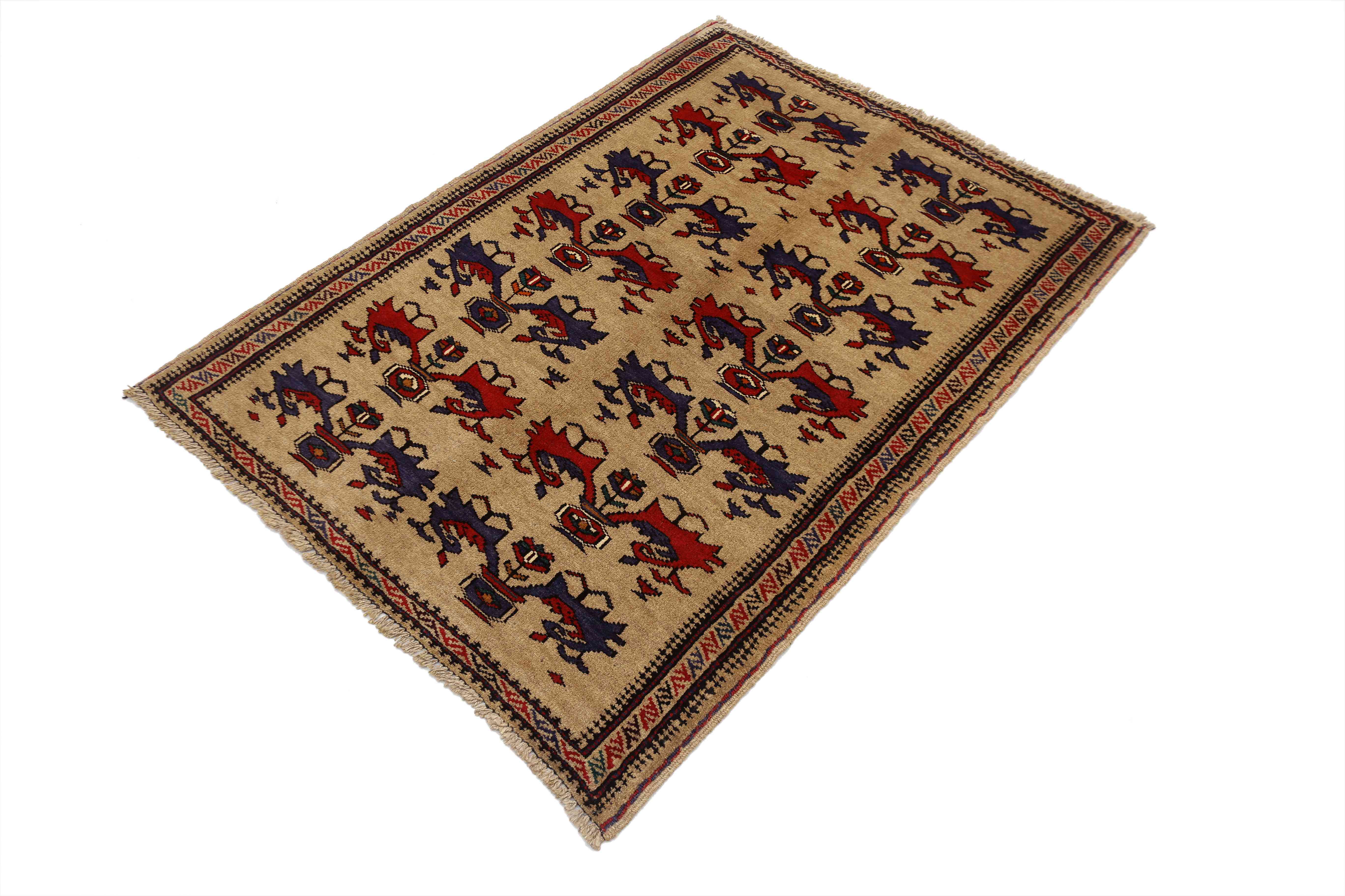 3' X 4' Natural Handmade Adraskan Baluchi Afghan Rug Rectangular