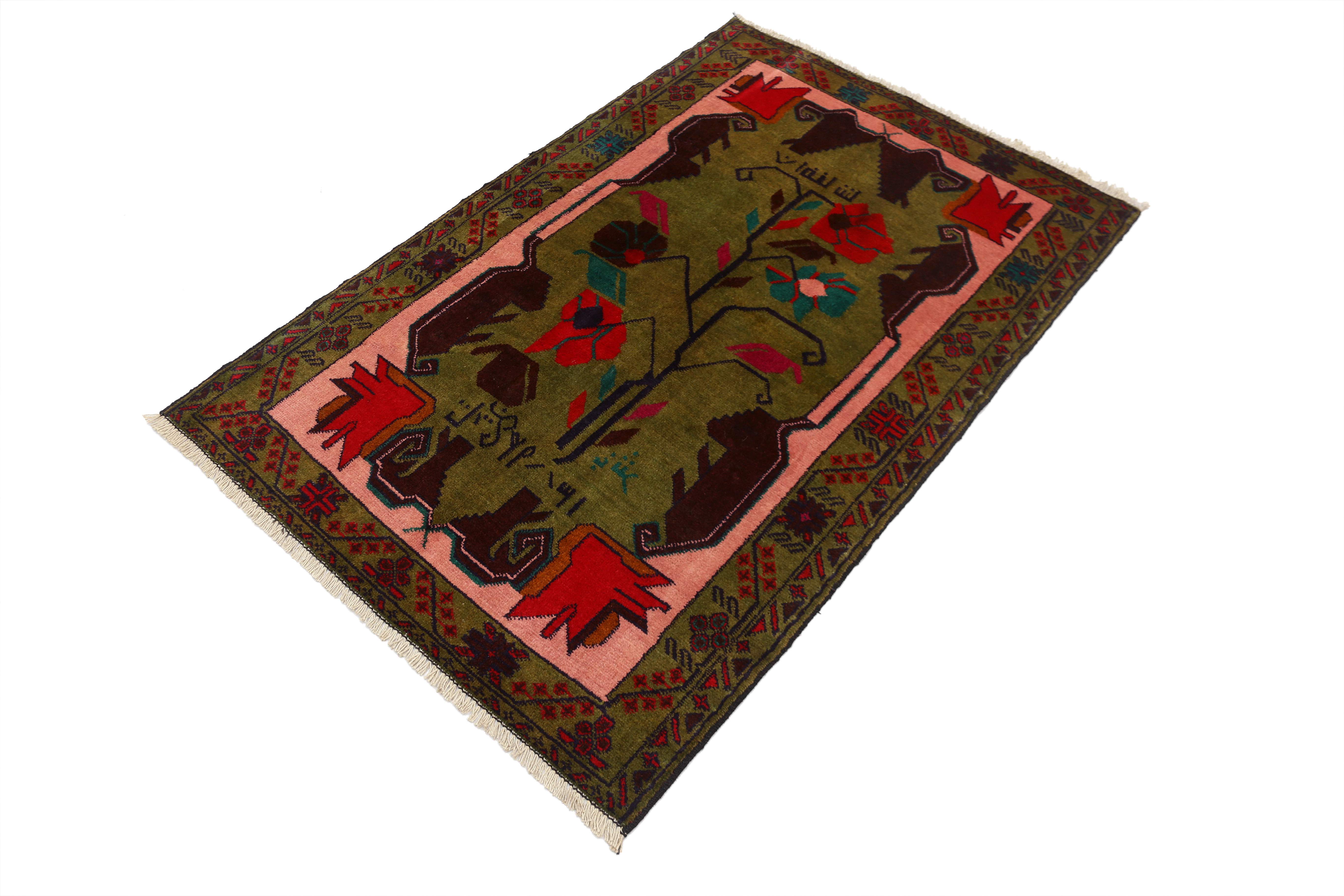 3' x 5' Green Handmade Adraskan Baluchi Afghan Rug Rectangular