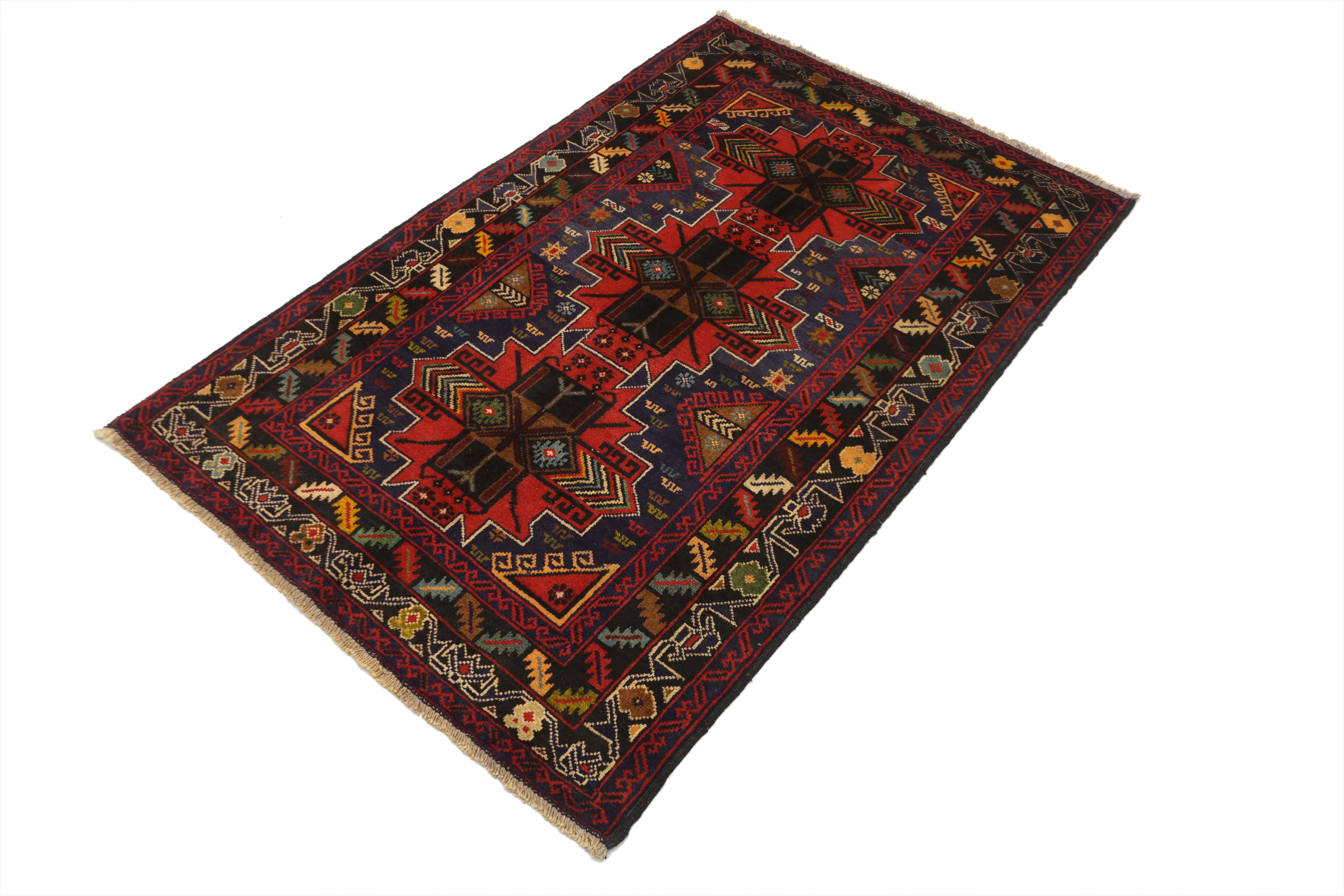 3' X 5' Red Handmade Adraskan Baluchi Afghan Rug Rectangular