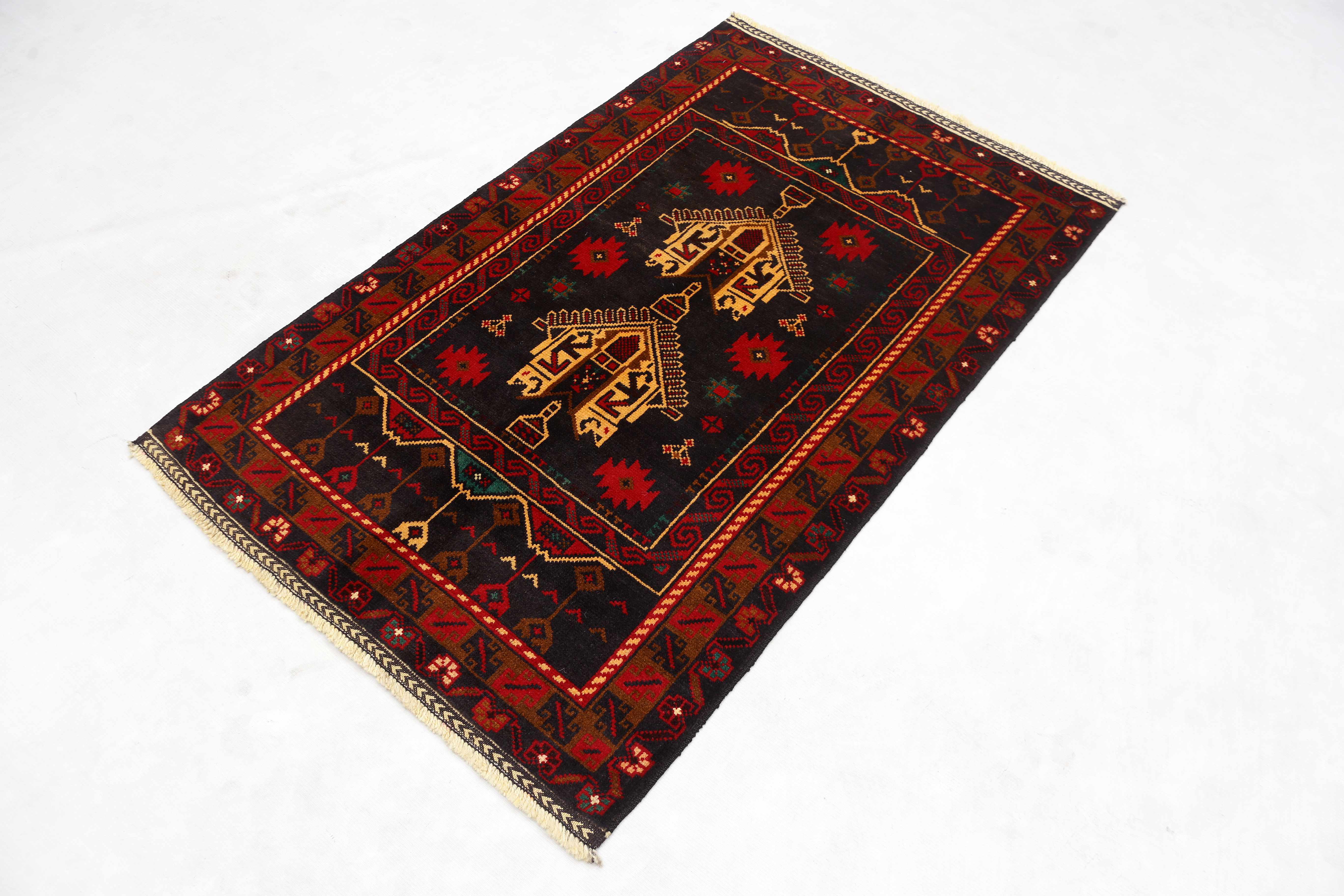 3' x 5' Black Handmade Adraskan Baluchi Afghan Rug Rectangular