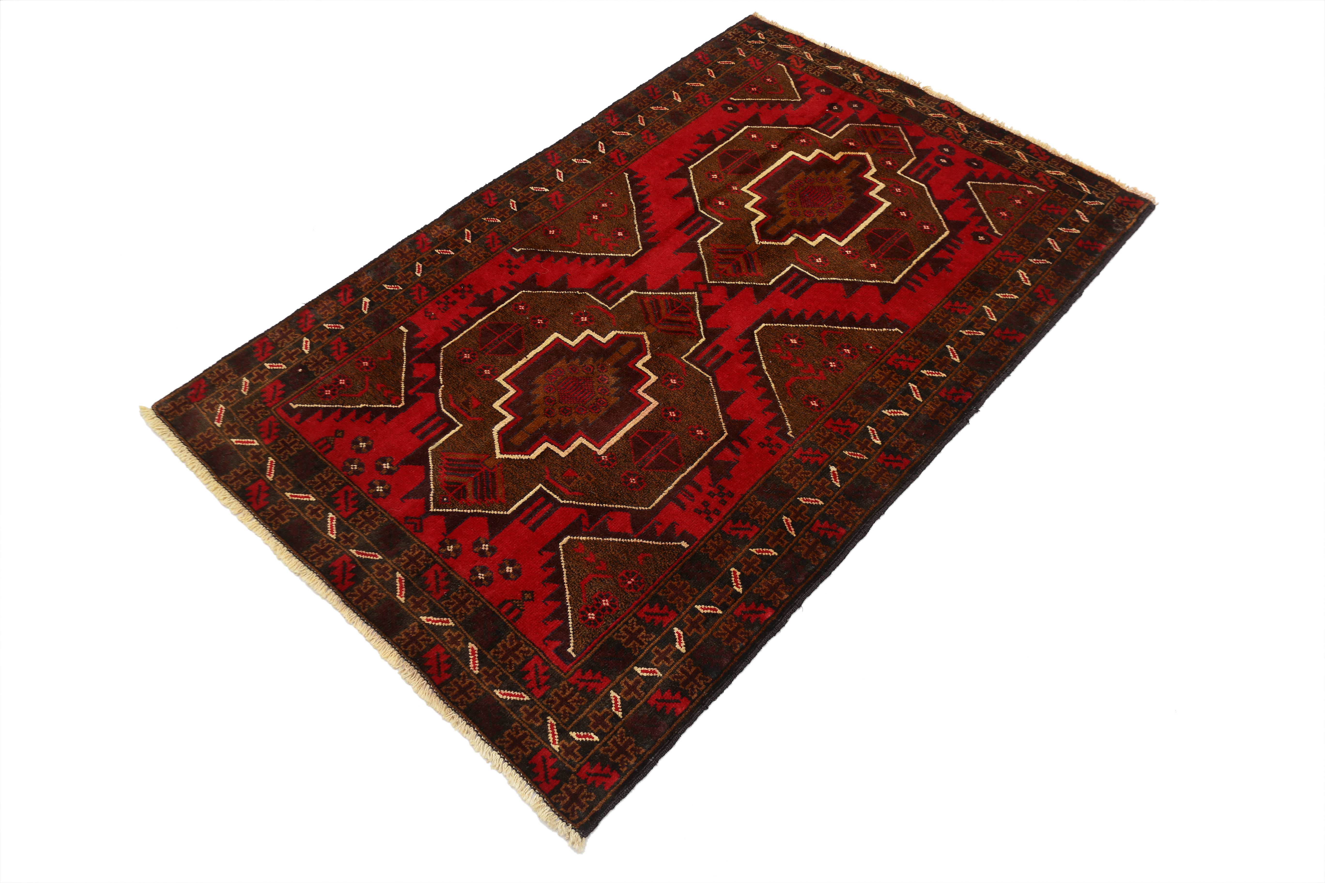 3' X 5' Red Handmade Adraskan Baluchi Afghan Rug Rectangular