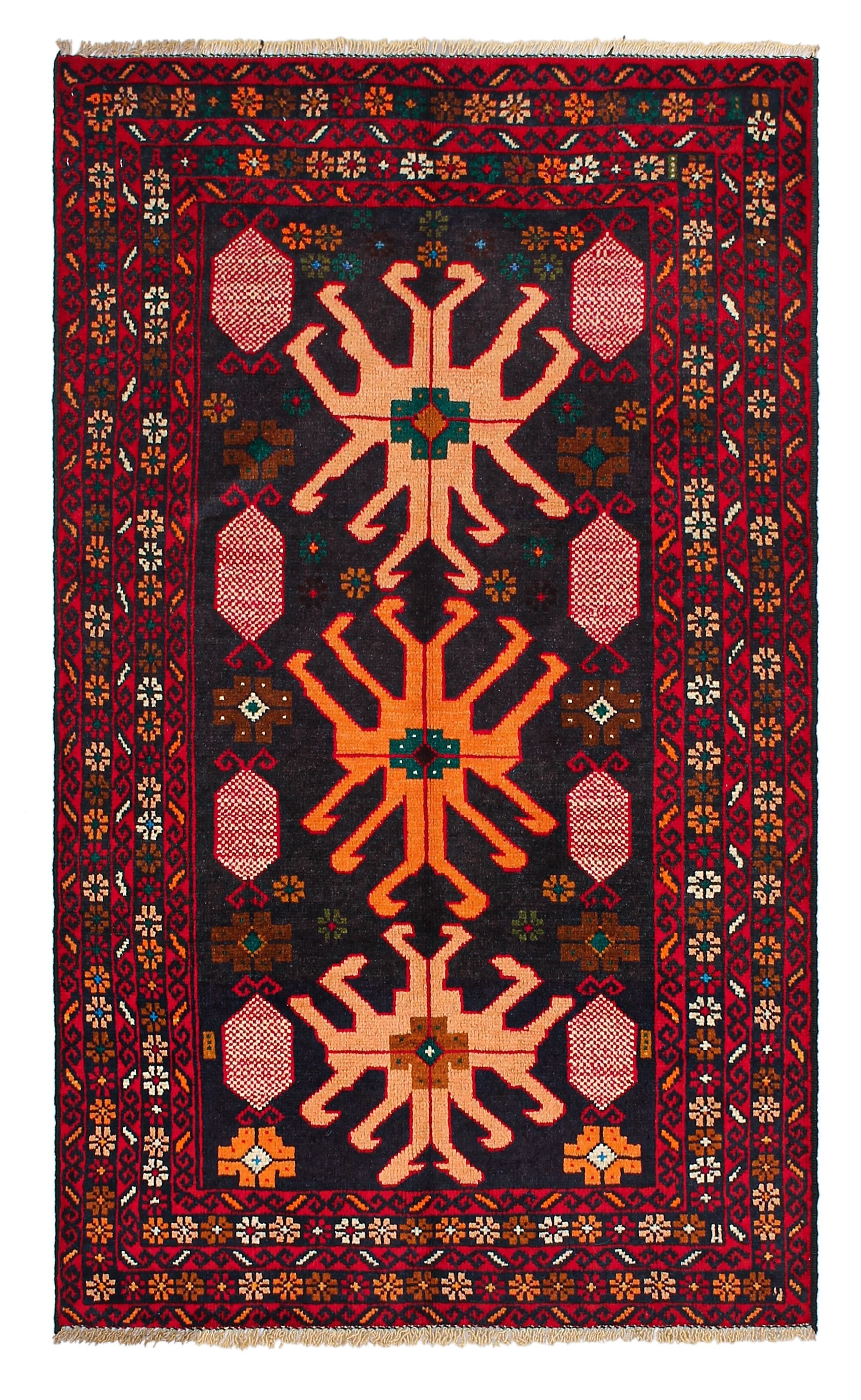 3' x 5' Black Handmade Adraskan Baluchi Afghan Rug Rectangular