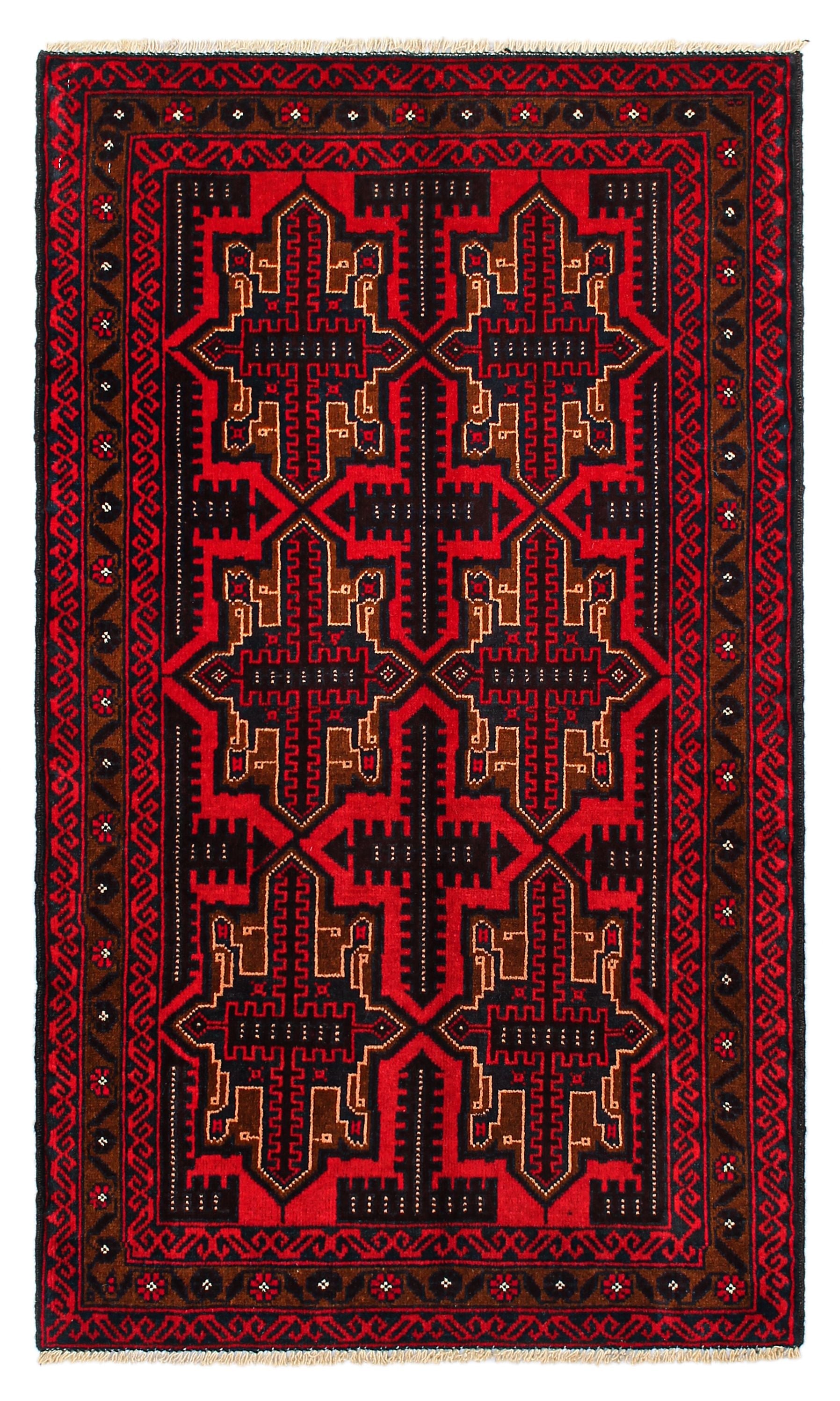3' x 5' Red Handmade Adraskan Baluchi Afghan Rug Rectangular