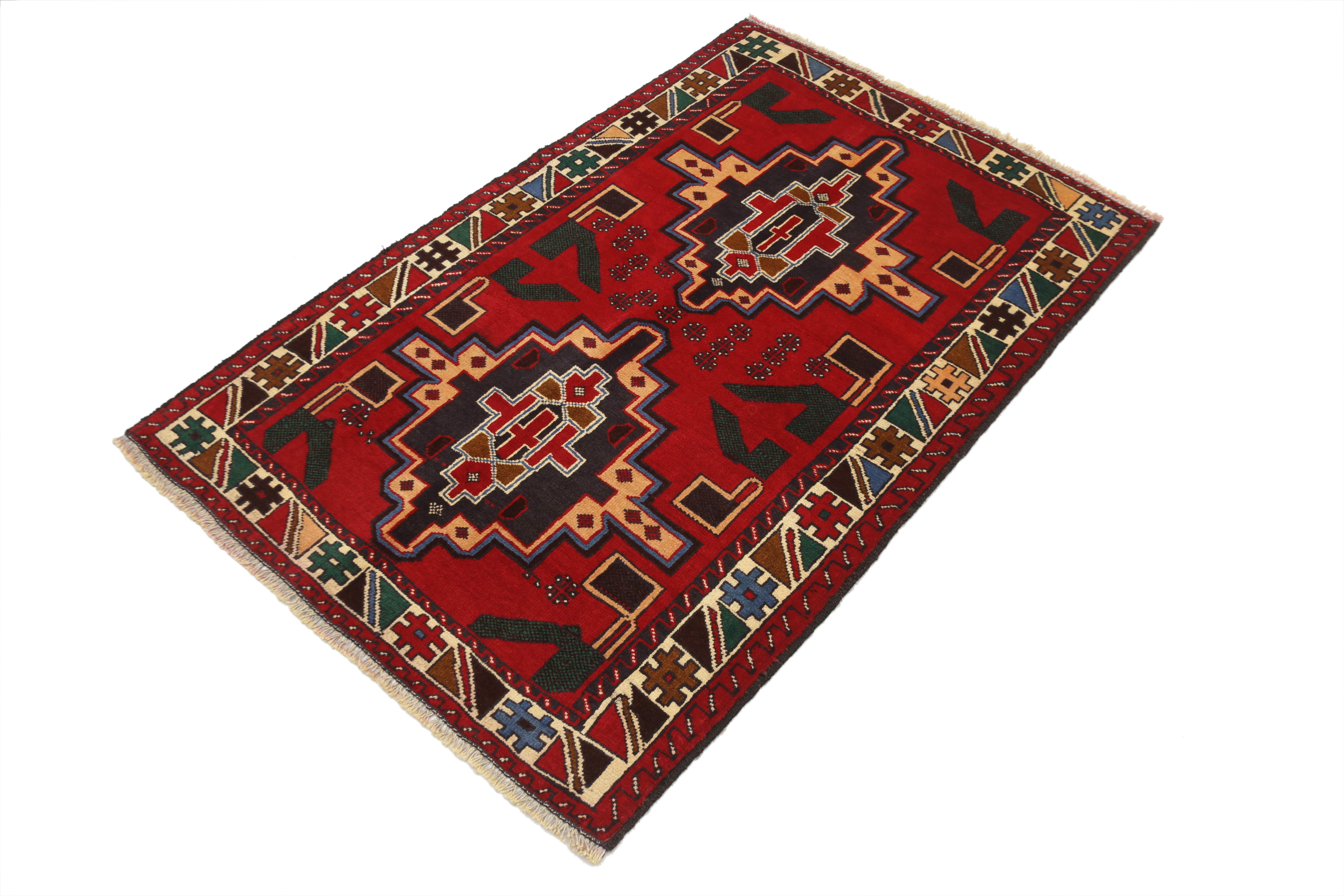 3' X 5' Red Handmade Adraskan Baluchi Afghan Rug Rectangular
