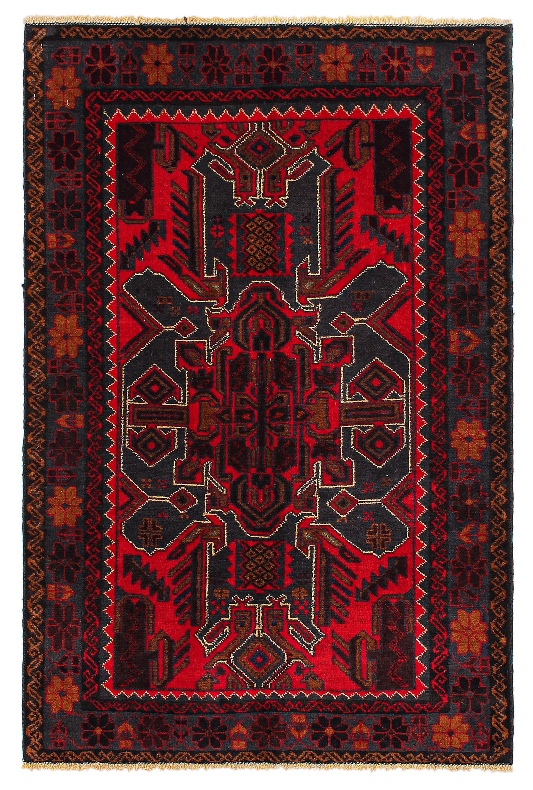 3' x 5' Red Handmade Adraskan Baluchi Afghan Rug Rectangular