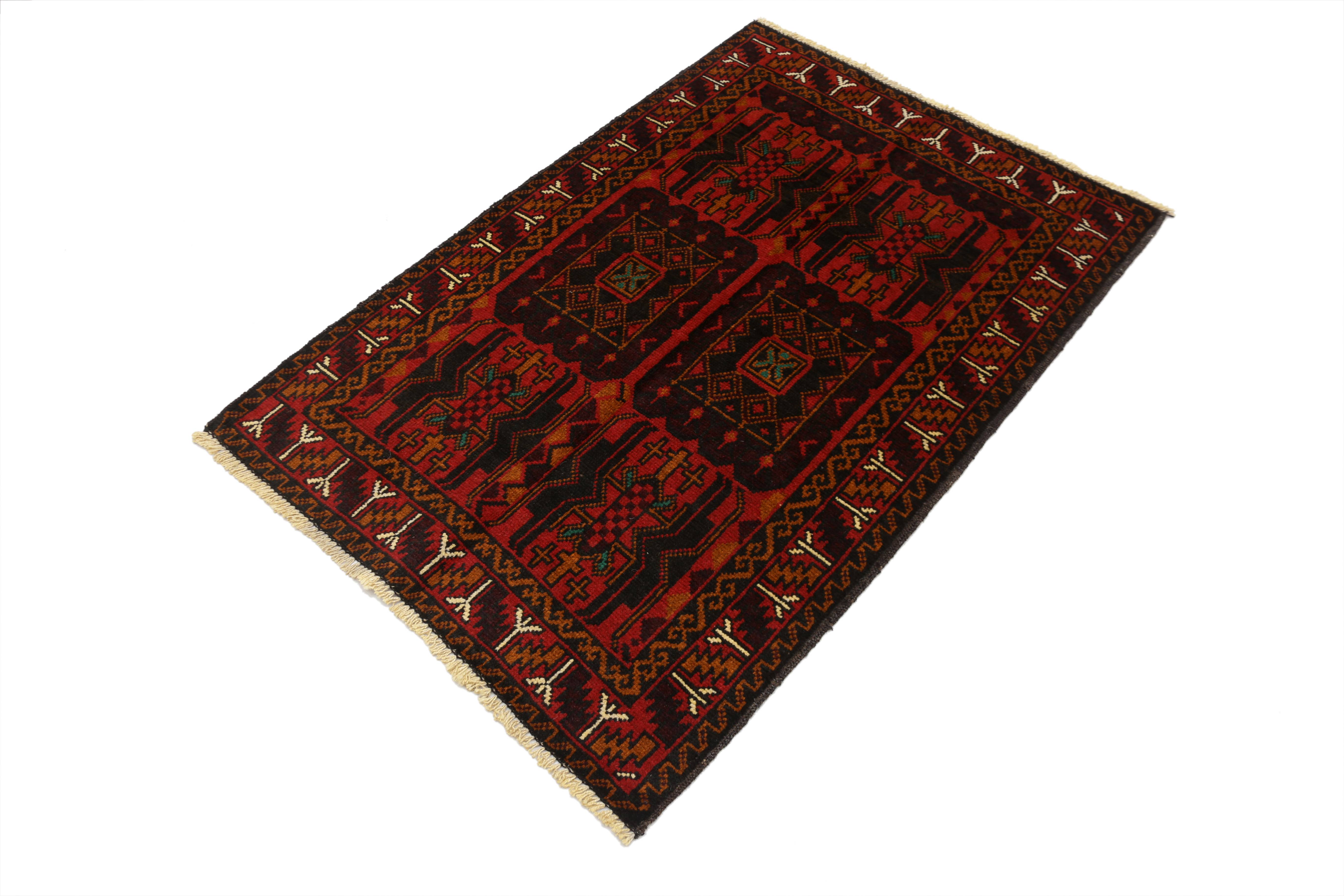 3' X 4' Red Handmade Adraskan Baluchi Afghan Rug Rectangular
