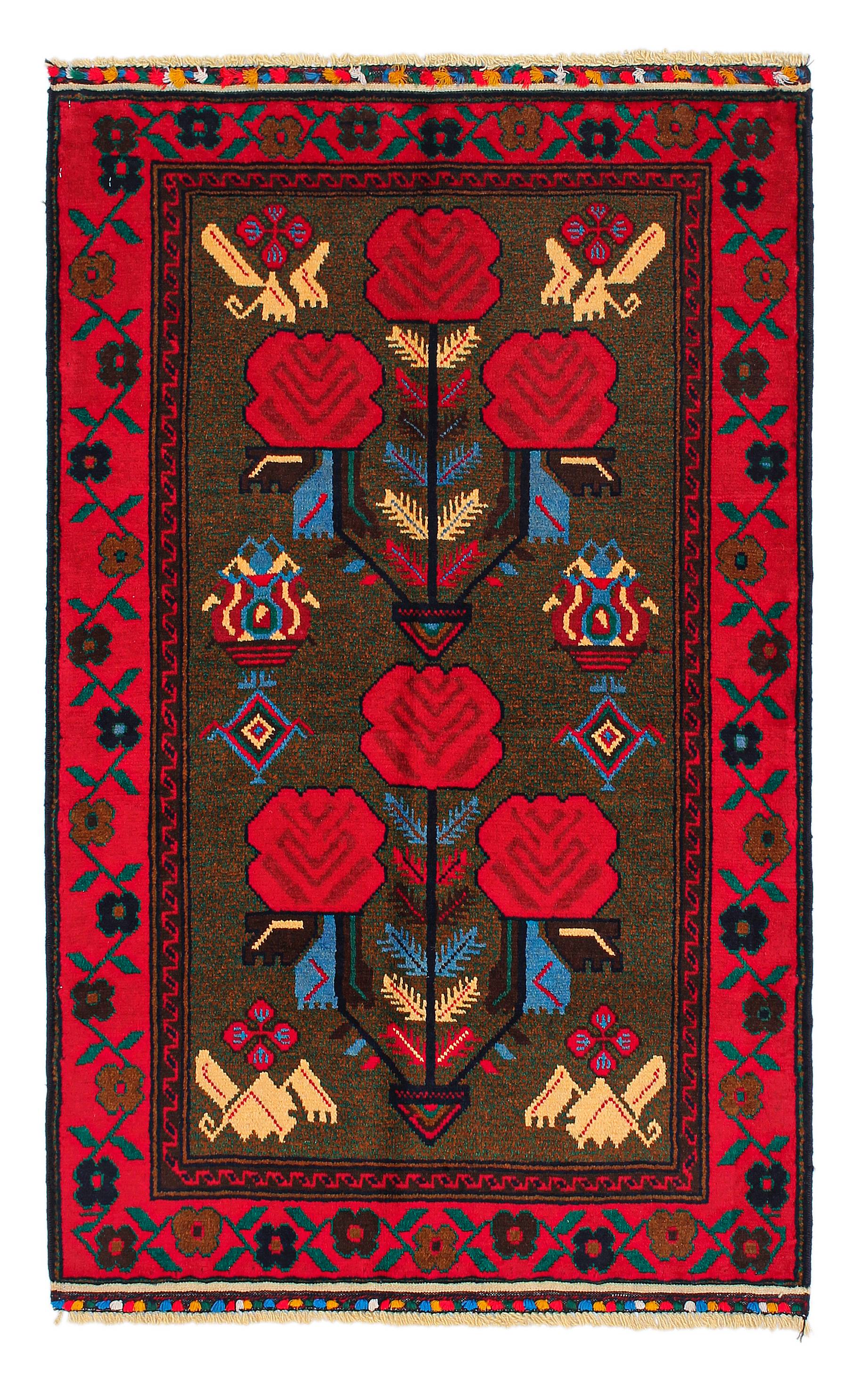 3' x 5' Green Handmade Adraskan Baluchi Afghan Rug Rectangular