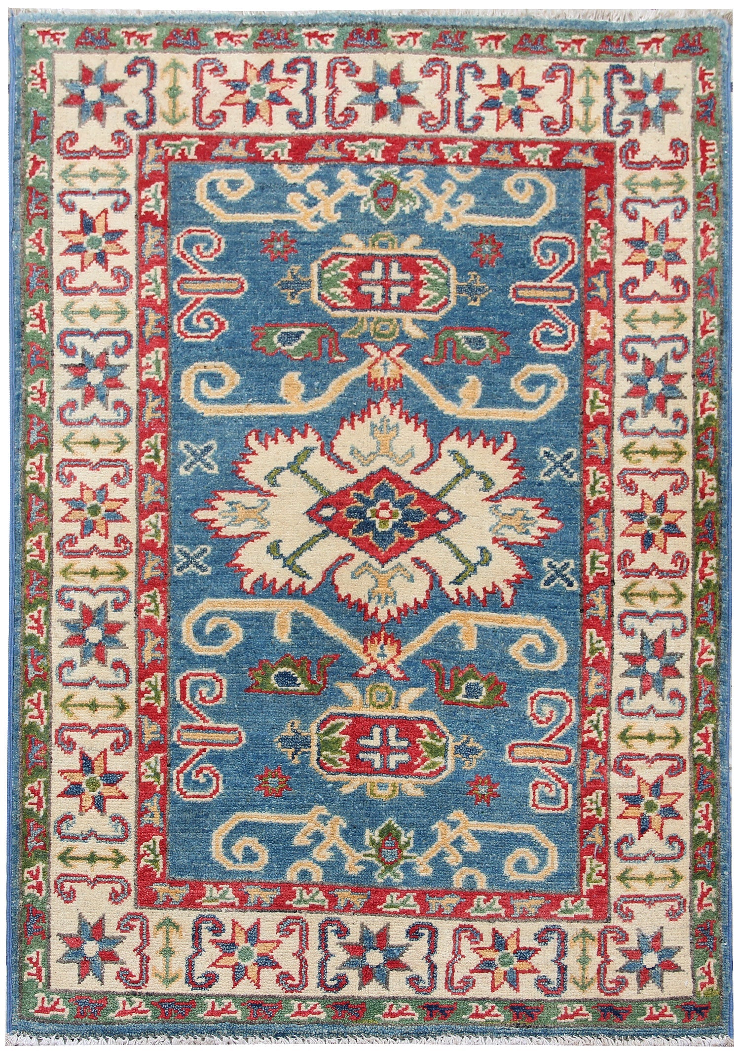 3' X 4' Blue Handmade KAZAK Rug Rectangular