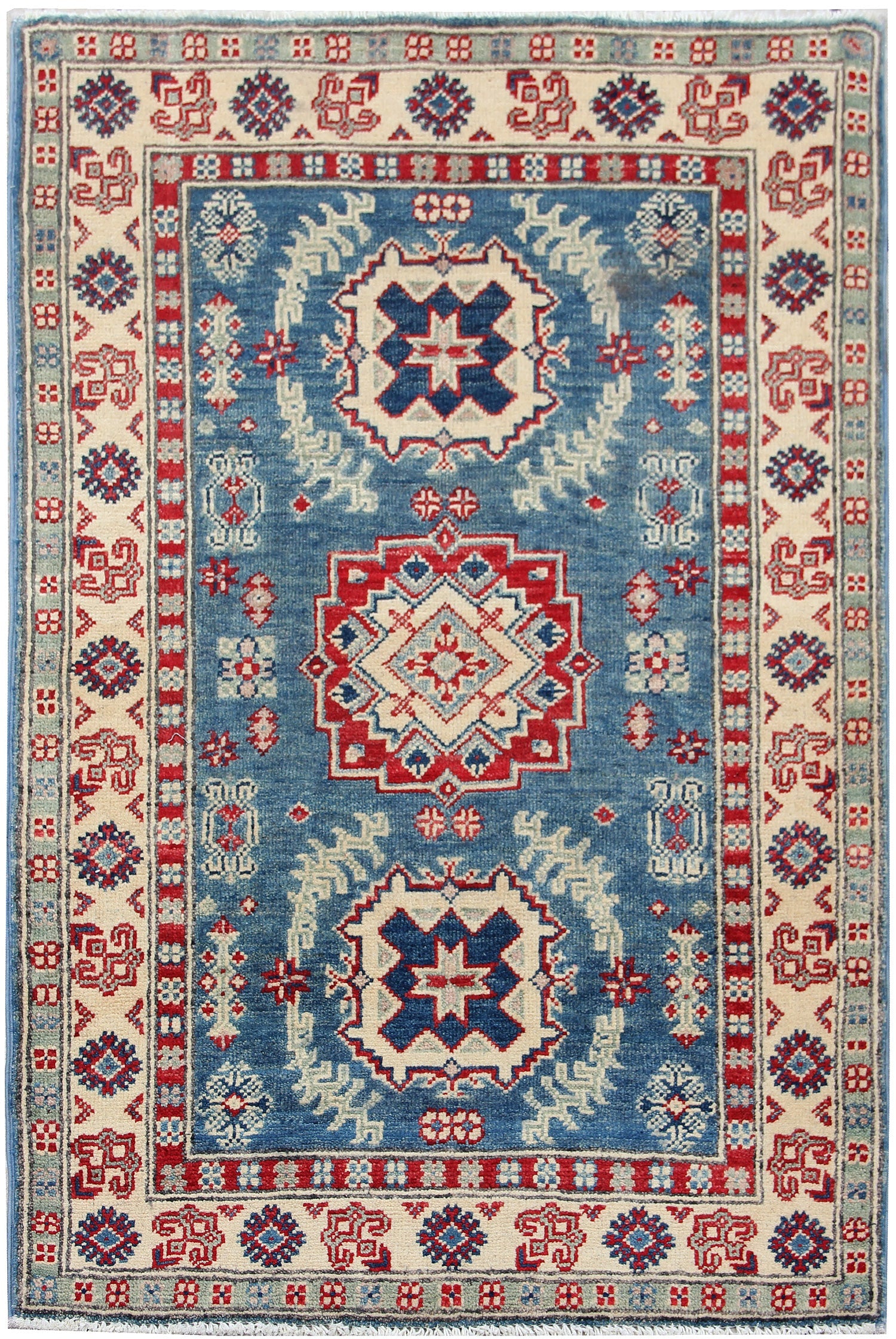 3' X 4' Blue Handmade KAZAK Rug Rectangular