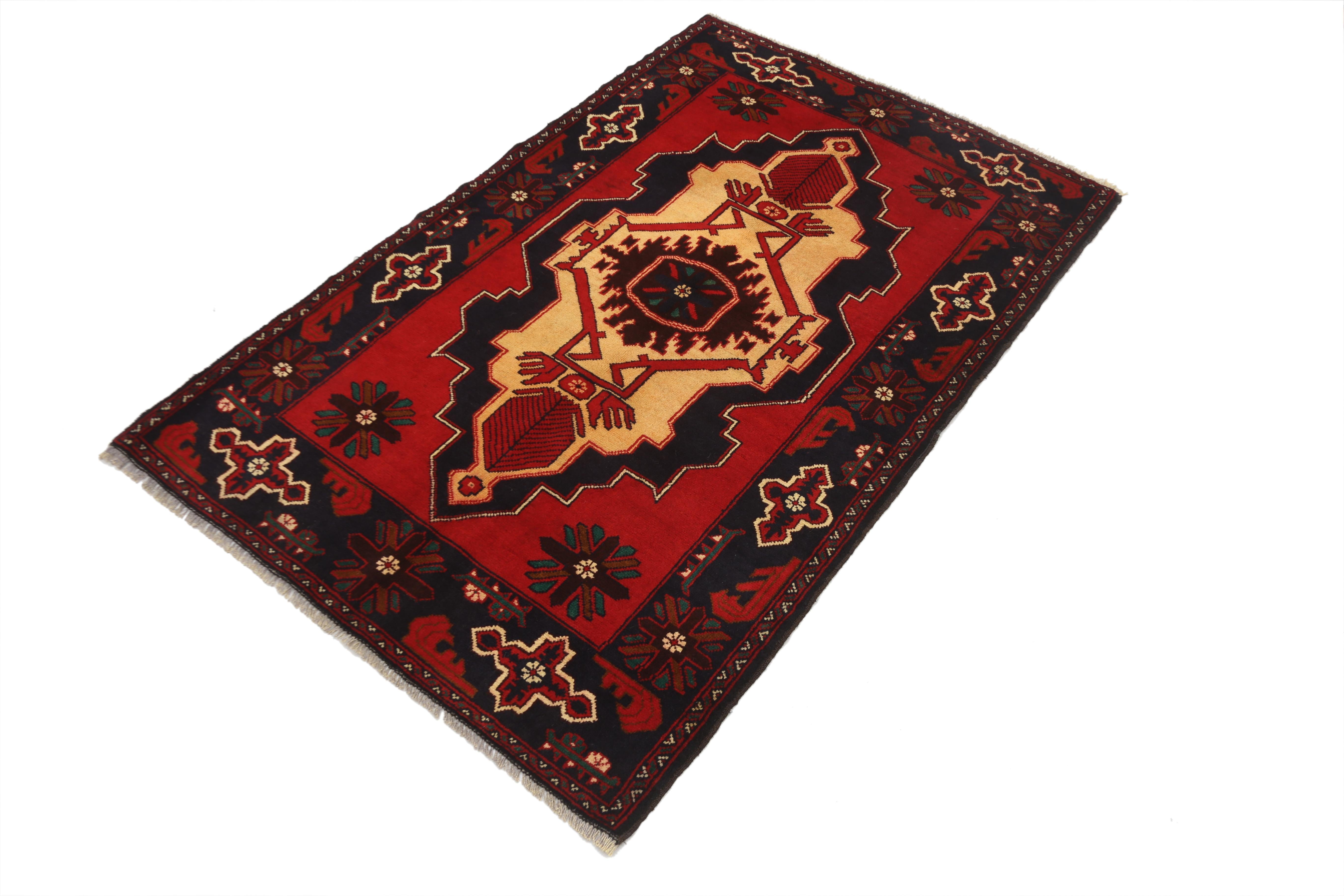 3' X 5' Red Handmade Adraskan Baluchi Afghan Rug Rectangular