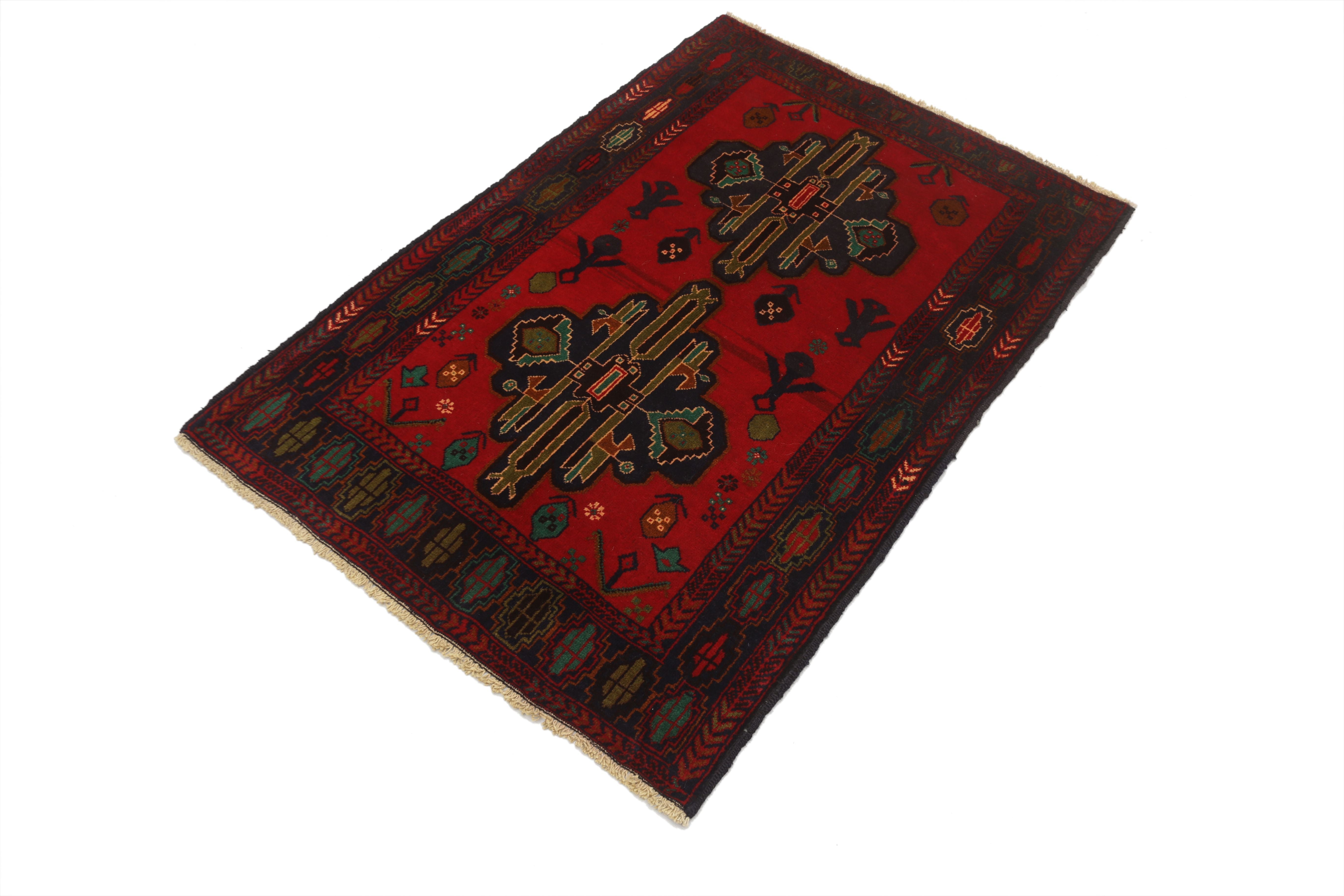 3' X 4' Red Handmade Adraskan Baluchi Afghan Rug Rectangular