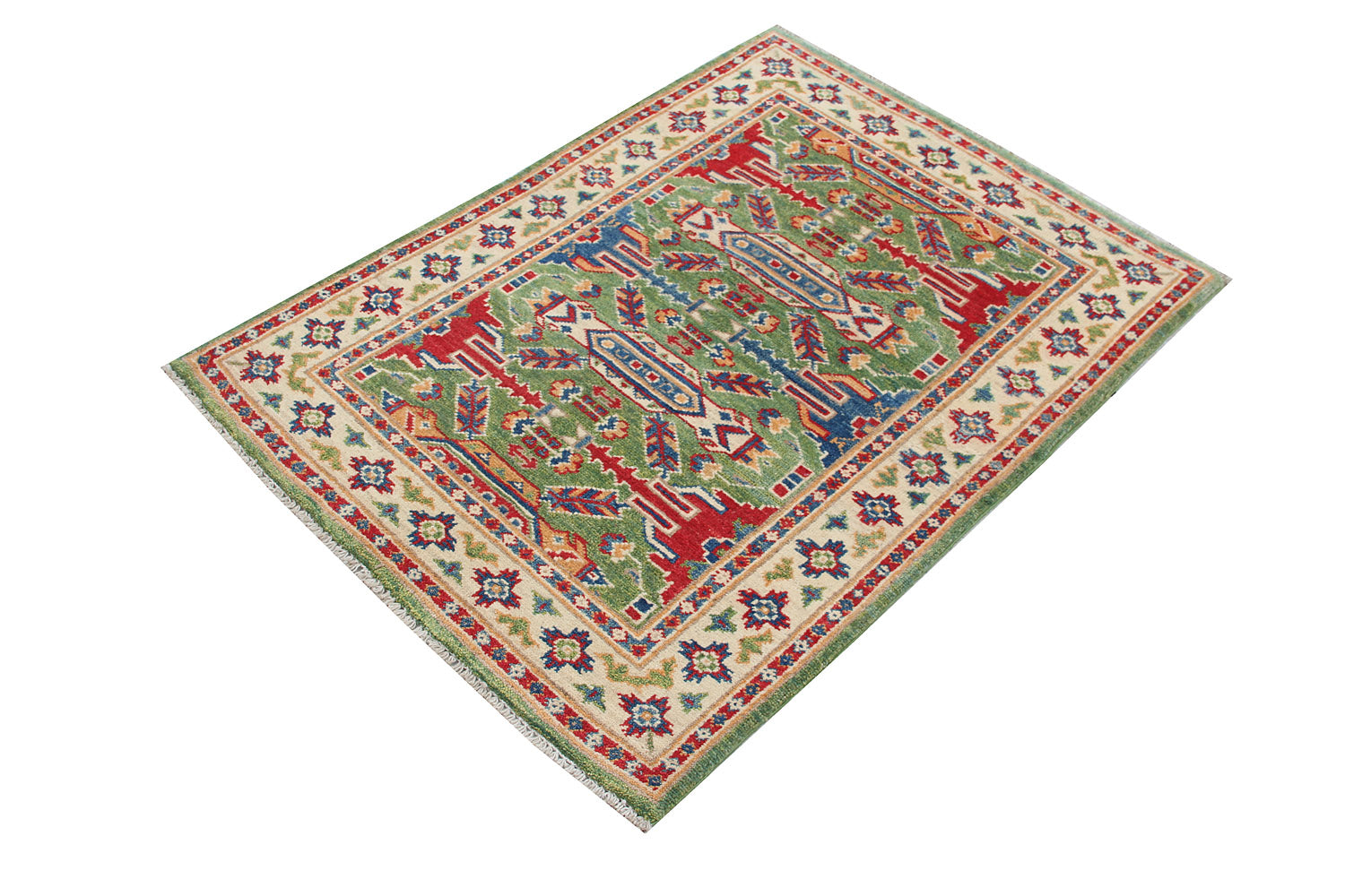 2' 6" x 4' Green Handmade KAZAK Rug Rectangular
