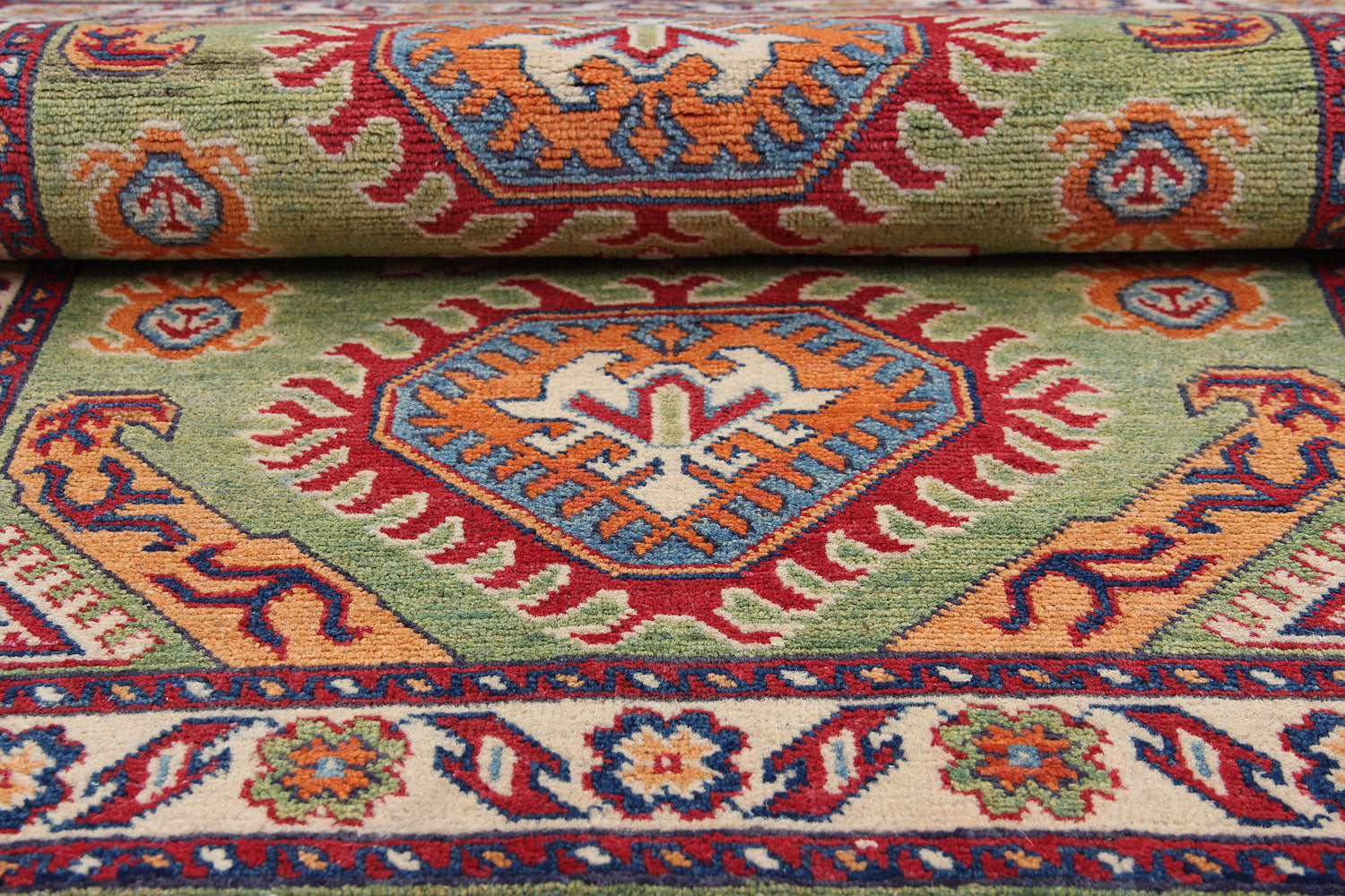 2' 6" x 4' Green Handmade KAZAK Rug Rectangular
