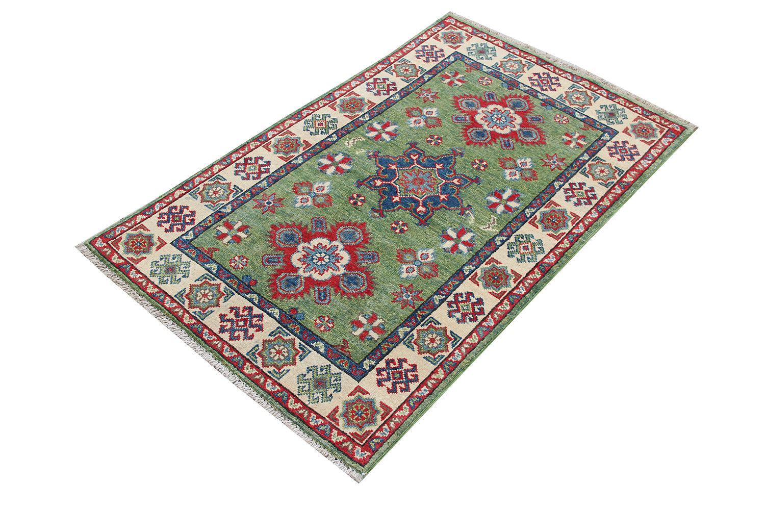 2' 6" x 4' Green Handmade KAZAK Rug Rectangular