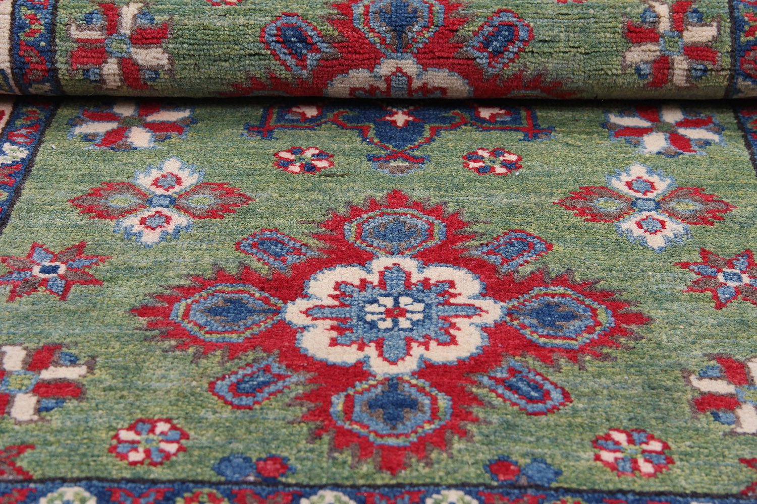 2' 6" x 4' Green Handmade KAZAK Rug Rectangular