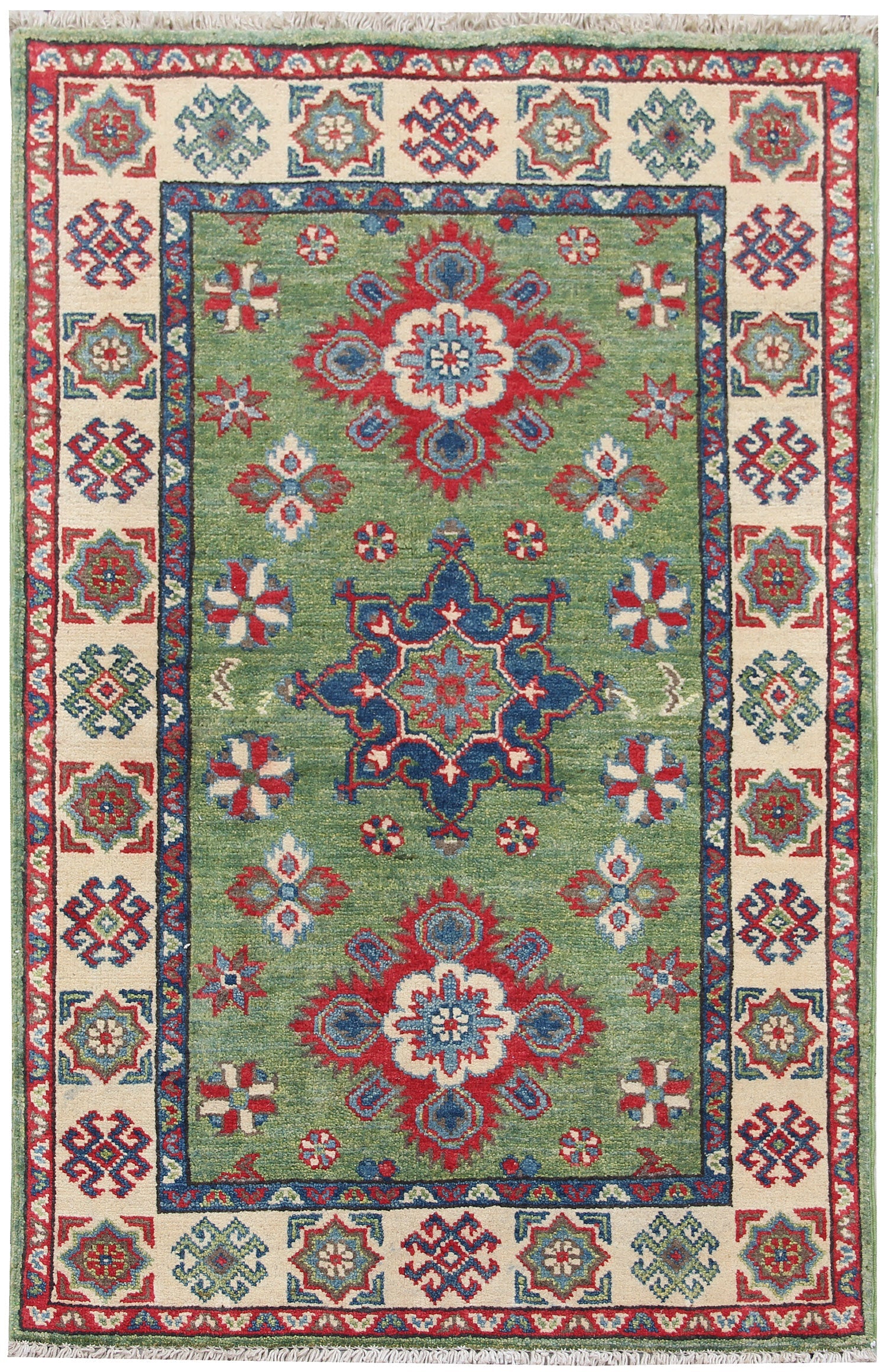 2' 6" x 4' Green Handmade KAZAK Rug Rectangular