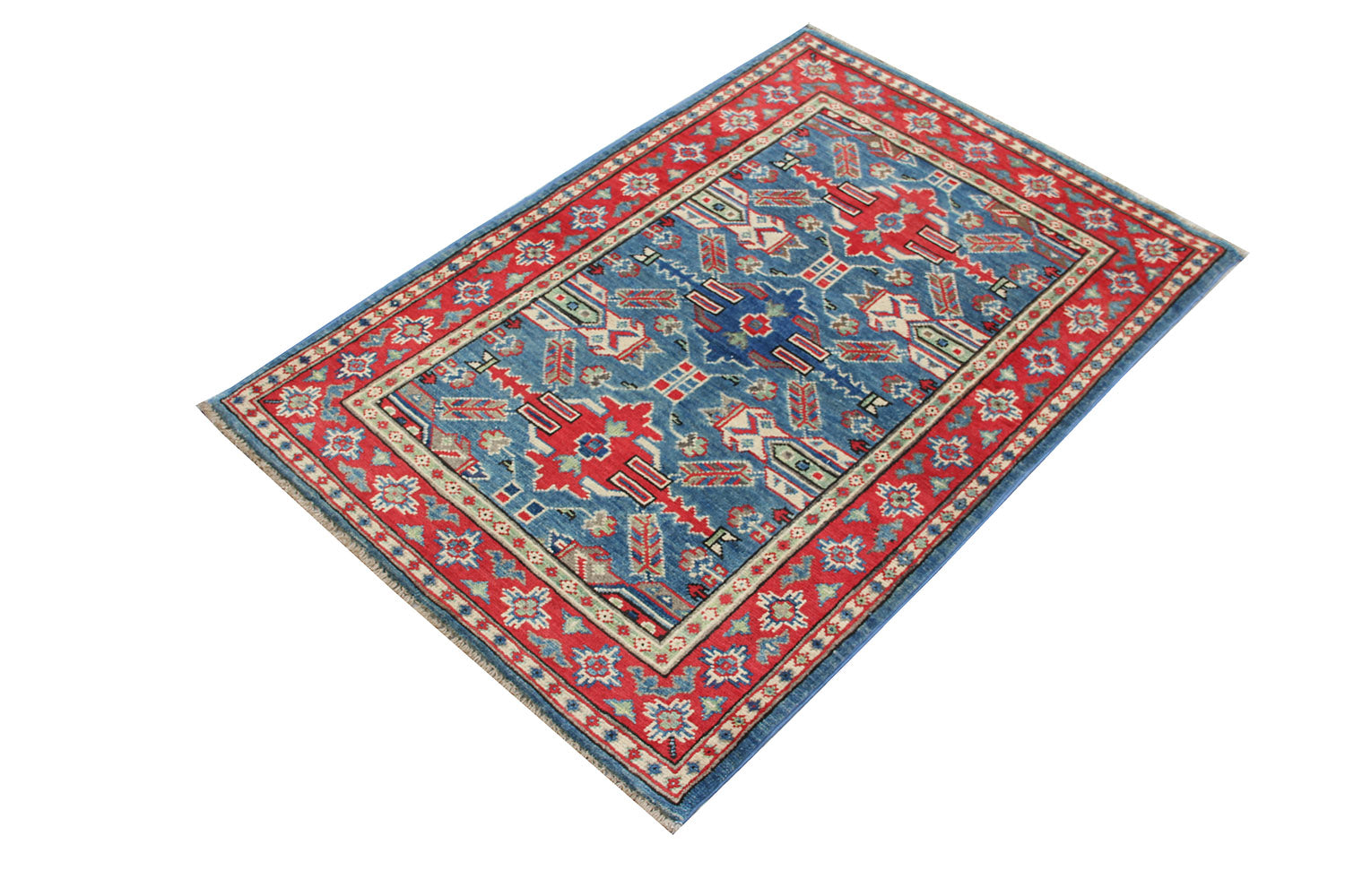 3' X 4' Blue Handmade KAZAK Rug Rectangular