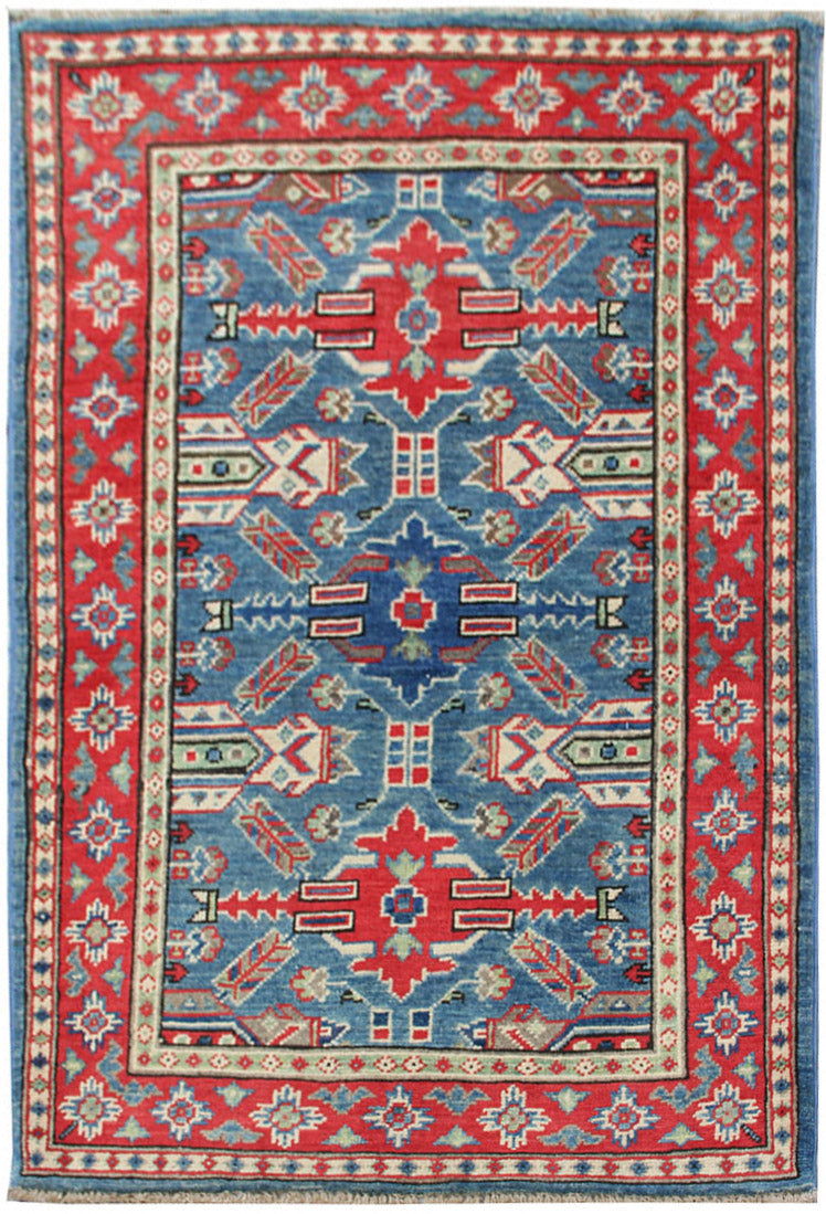 3' X 4' Blue Handmade KAZAK Rug Rectangular