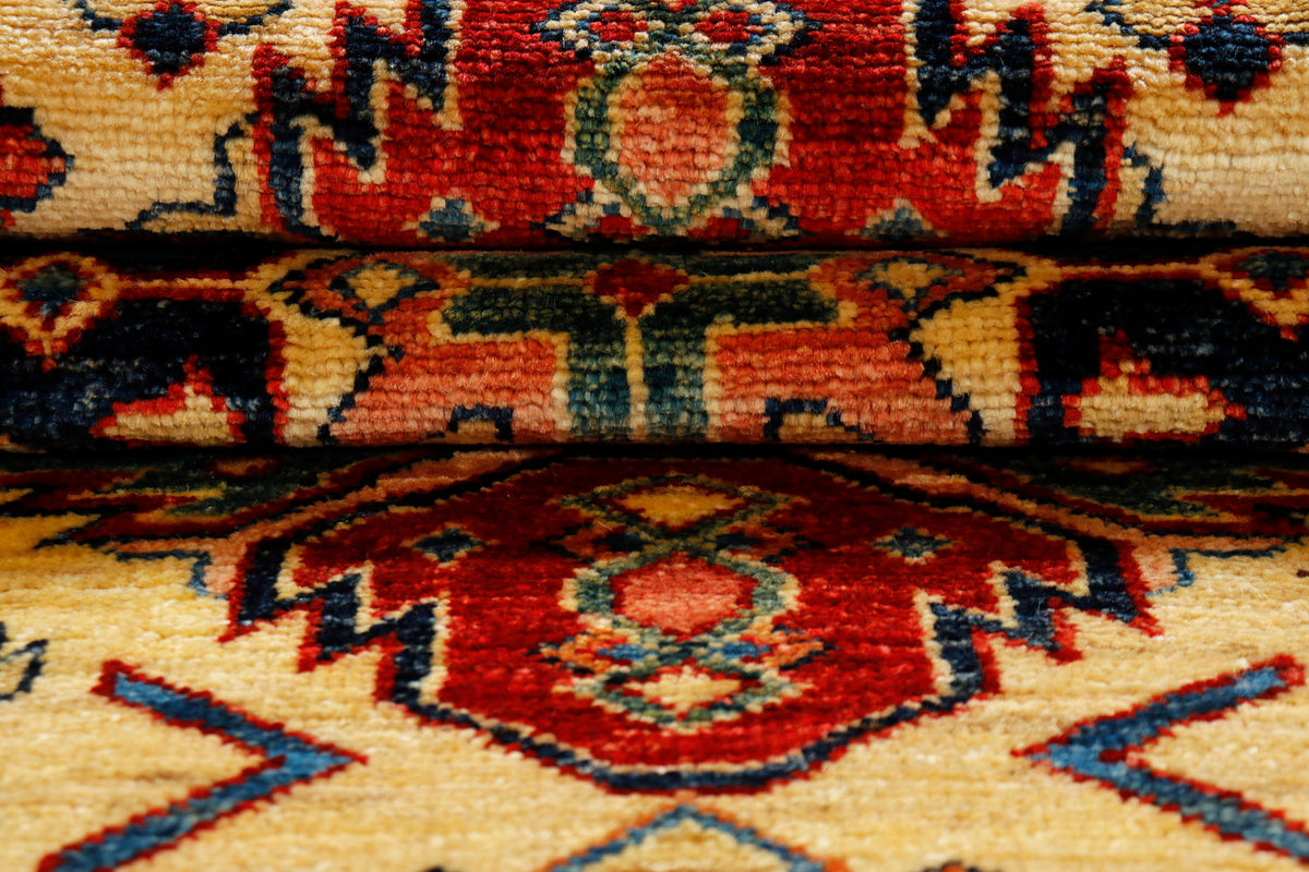 Traditional Ivory Kazak Wool Hand Knotted Runner Large Medallion Pattern