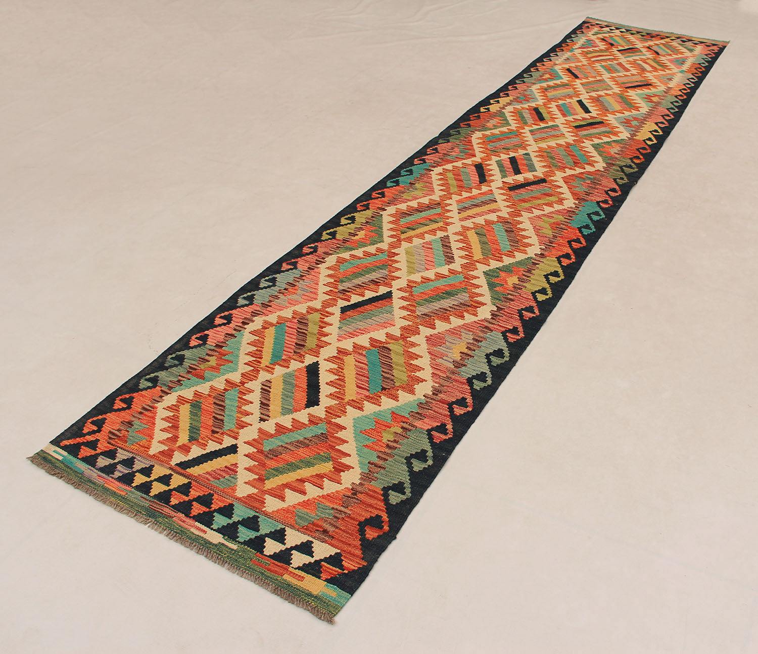 13' X 3' 3" Multy Handmade Veggie Dye Kilim Rug Runner