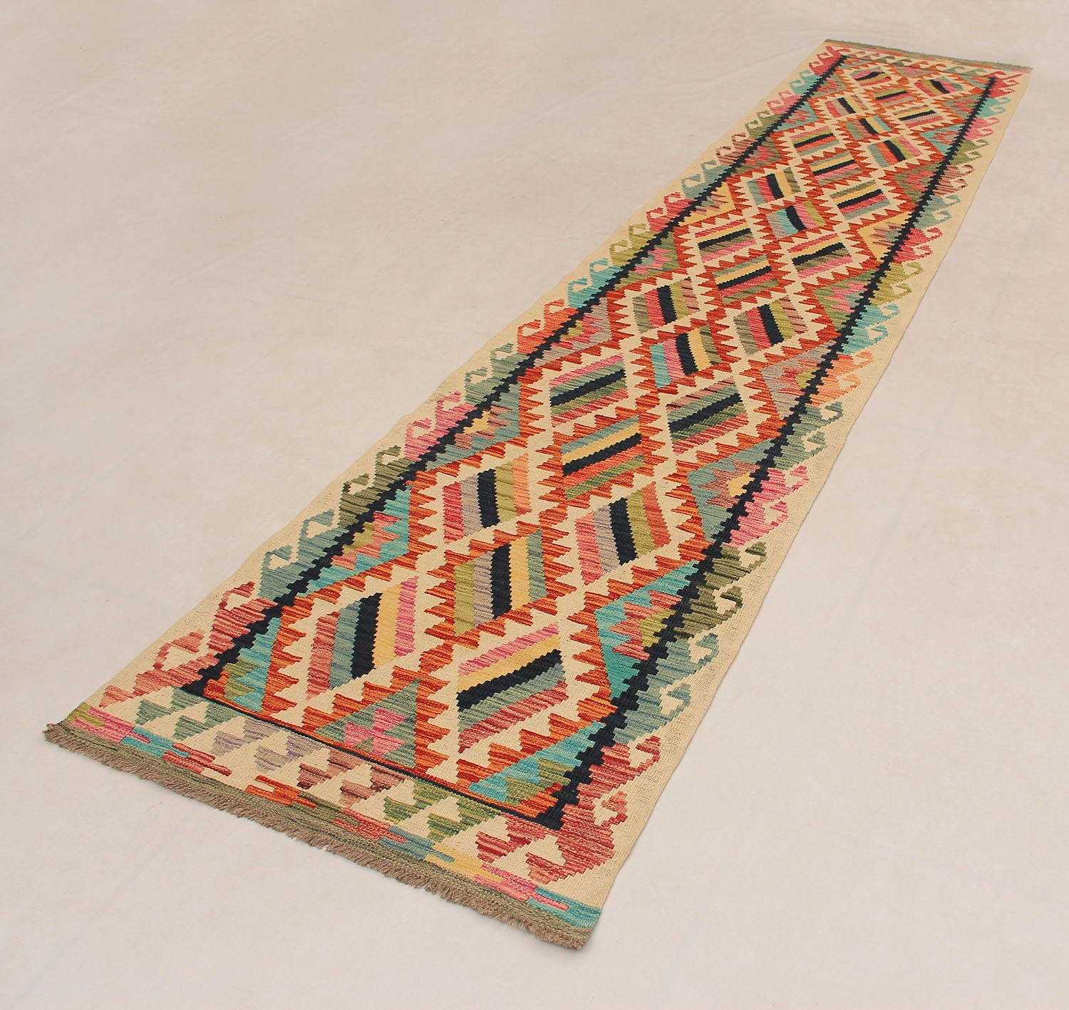 13' X 3' 3" Multy Handmade Veggie Dye Kilim Rug Runner