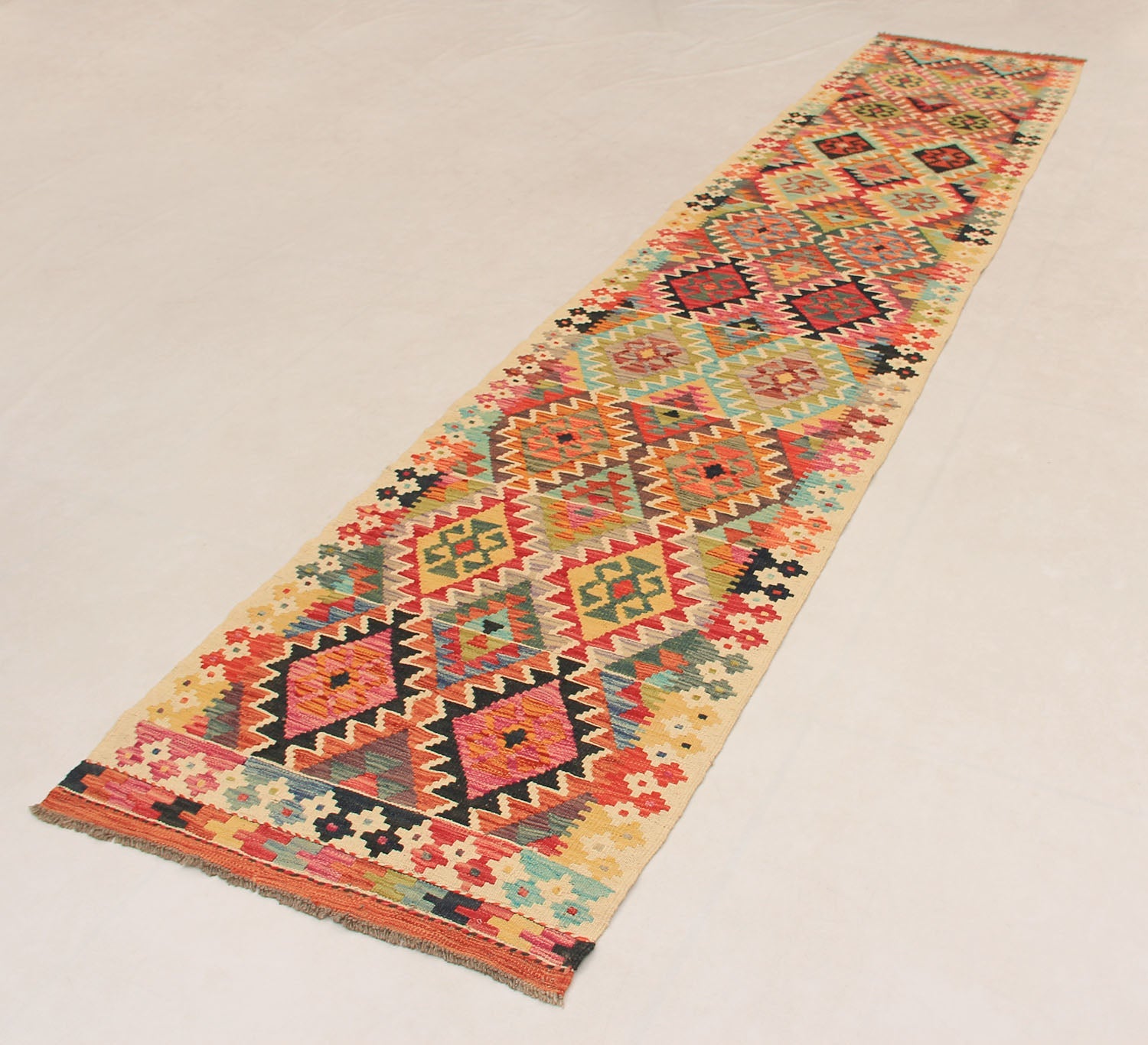 13' X 3' 3" Multy Handmade Veggie Dye Kilim Rug Runner