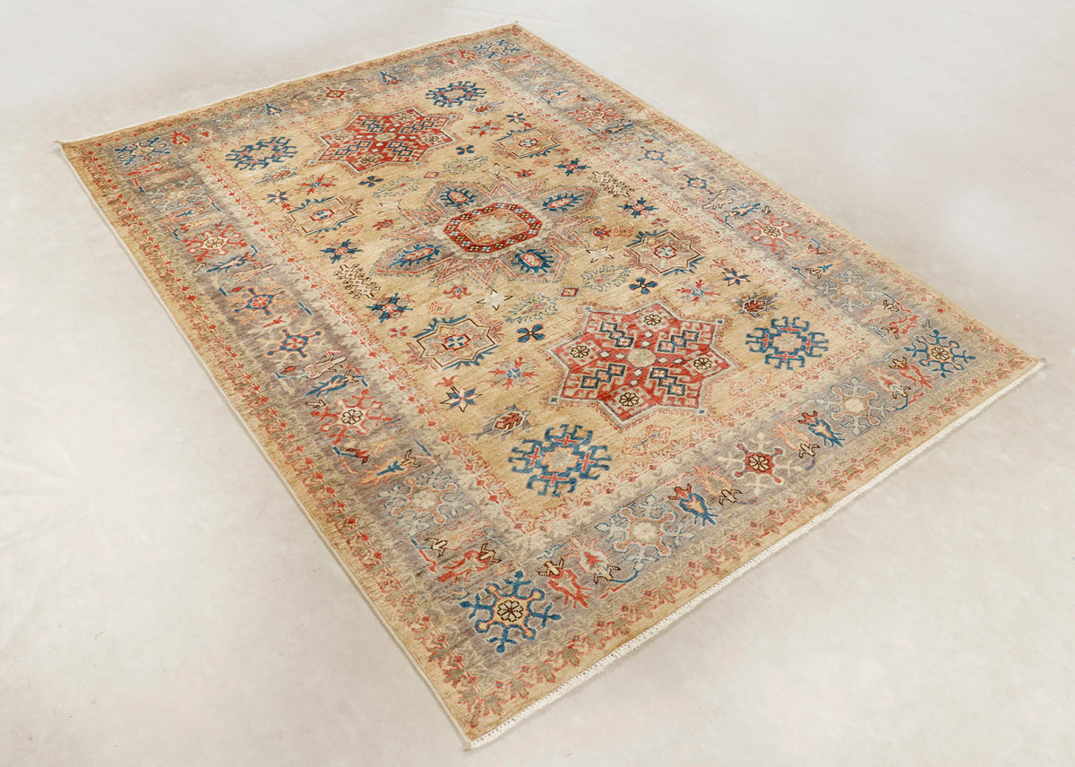 Genuine Ivory Kazak Hand Knotted Wool Rug 5' 6" X 8' Bold Tribal Pattern
