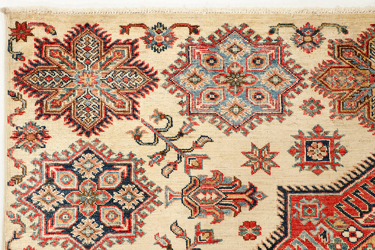 Genuine Ivory Kazak Hand Knotted Wool Rug 5' 6" X 8' Bold Geometric Design