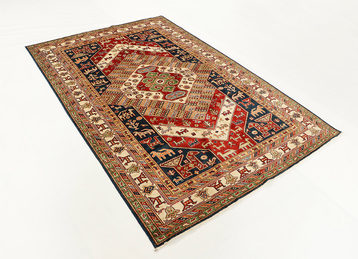 Multi Tribal Kazak Hand Knotted Wool Rug 5' 6" X 8' Large Medallion Pattern