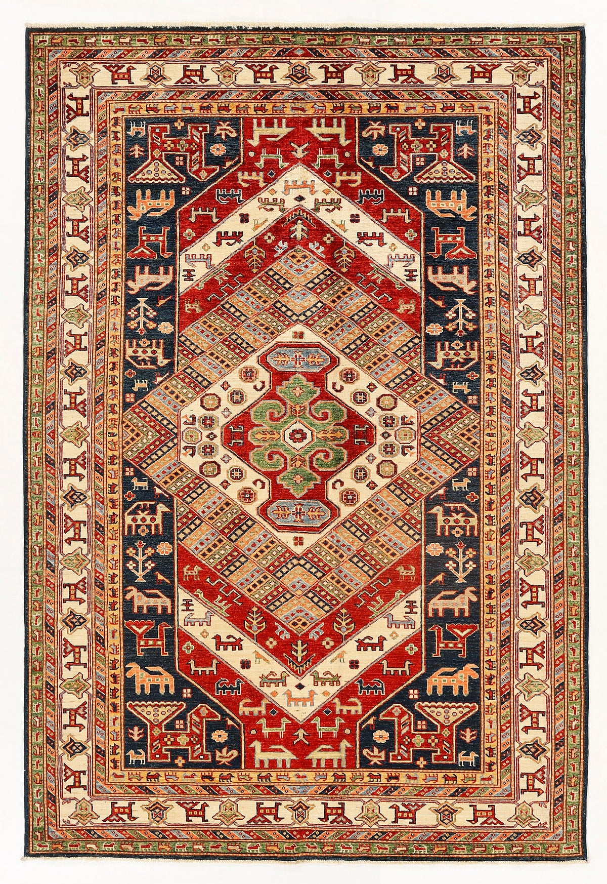 Multi Tribal Kazak Hand Knotted Wool Rug 5' 6" X 8' Large Medallion Pattern
