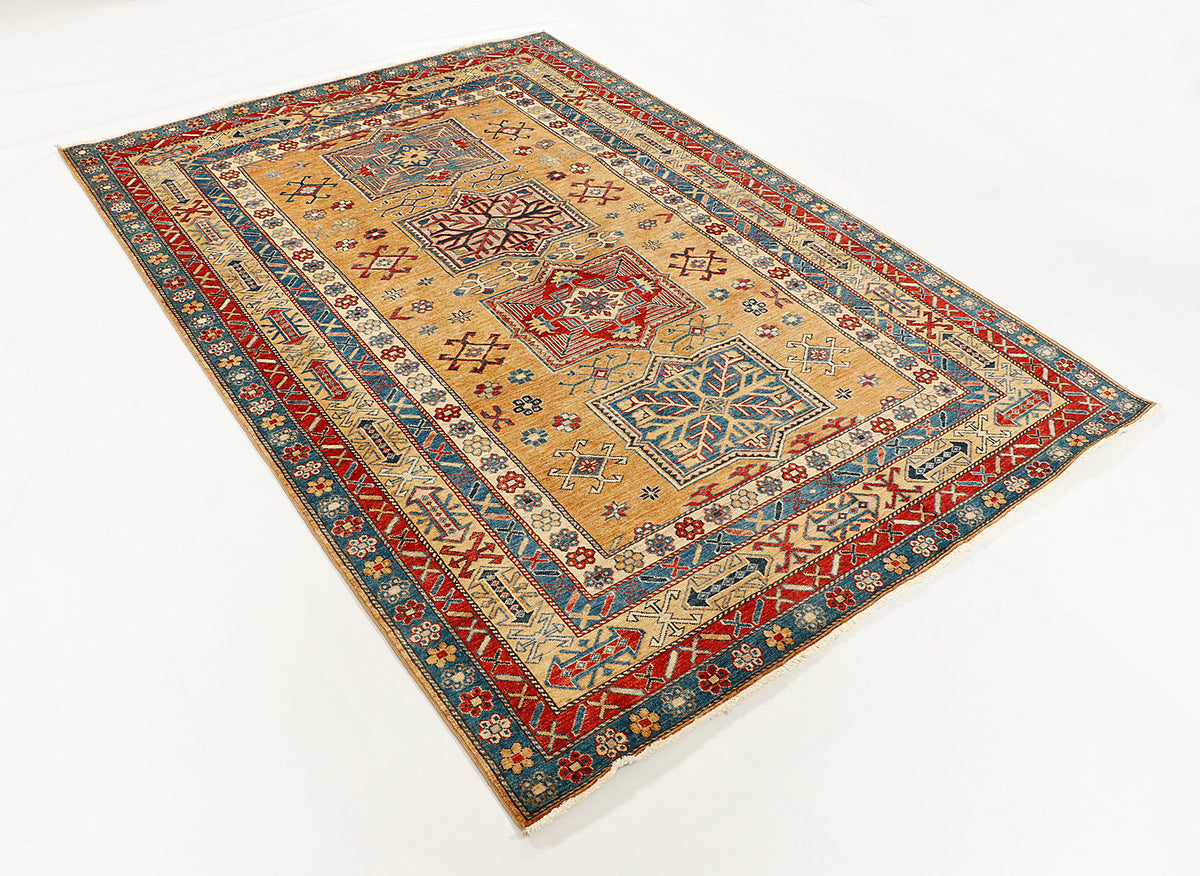 Genuine Golden Kazak Hand Knotted Wool Rug 5' 6" X 8' Bold Geometric Design