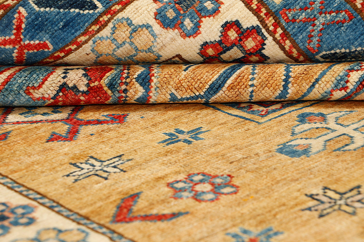 Genuine Golden Kazak Hand Knotted Wool Rug 5' 6" X 8' Bold Geometric Design