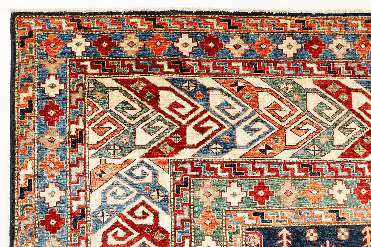Traditional Blue Kazak Wool Hand Knotted Rug 12' x 15' Bold Geometric Design