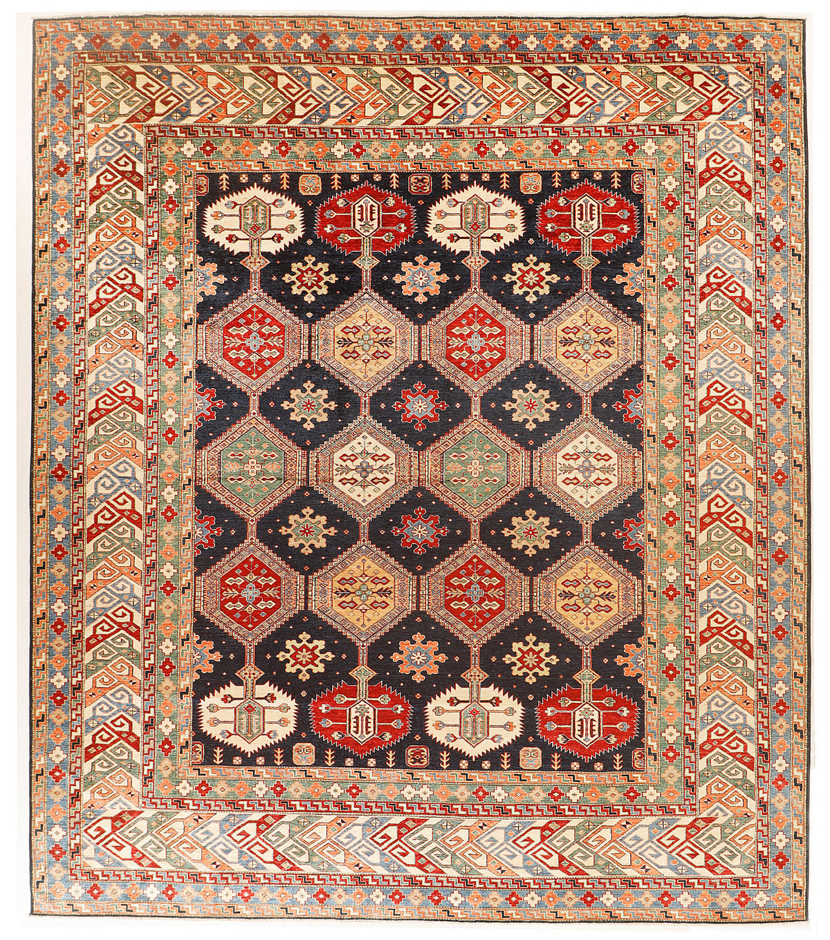 Traditional Blue Kazak Wool Hand Knotted Rug 12' x 15' Bold Geometric Design