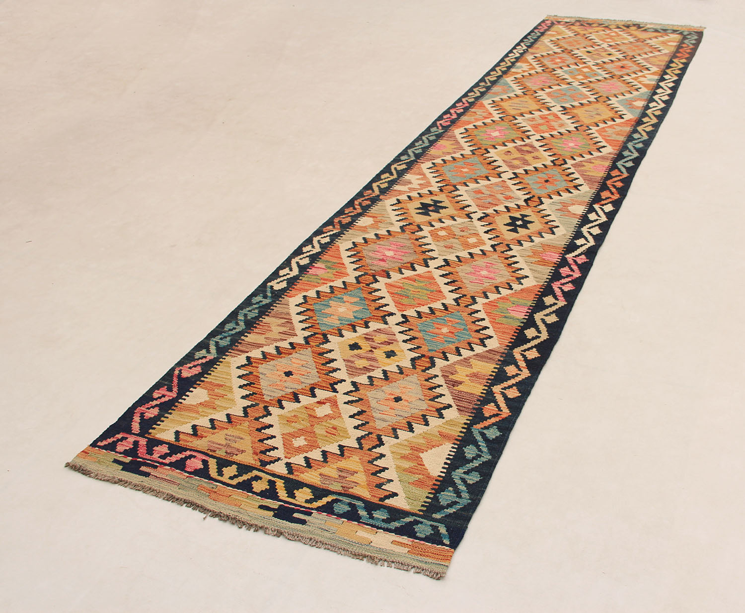 13' X 3' 3" Multy Handmade Veggie Dye Kilim Rug Runner