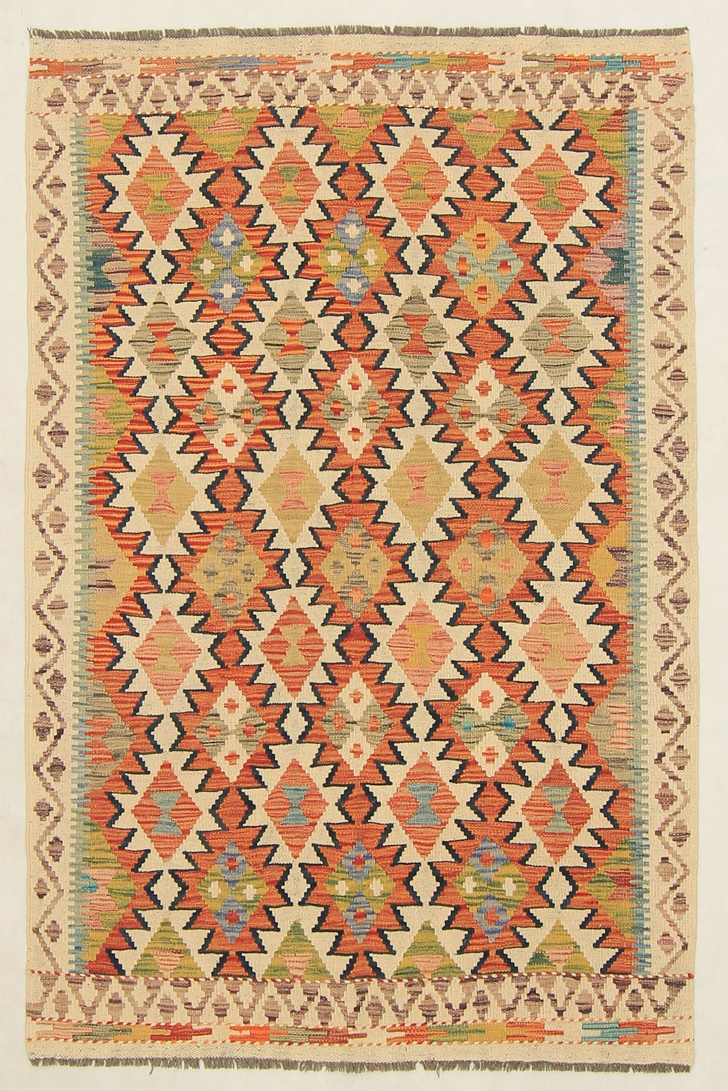 4' 6" x 6' 6 Ivory Handmade Pai Murgh Soumak Kilim Rug Rectangular