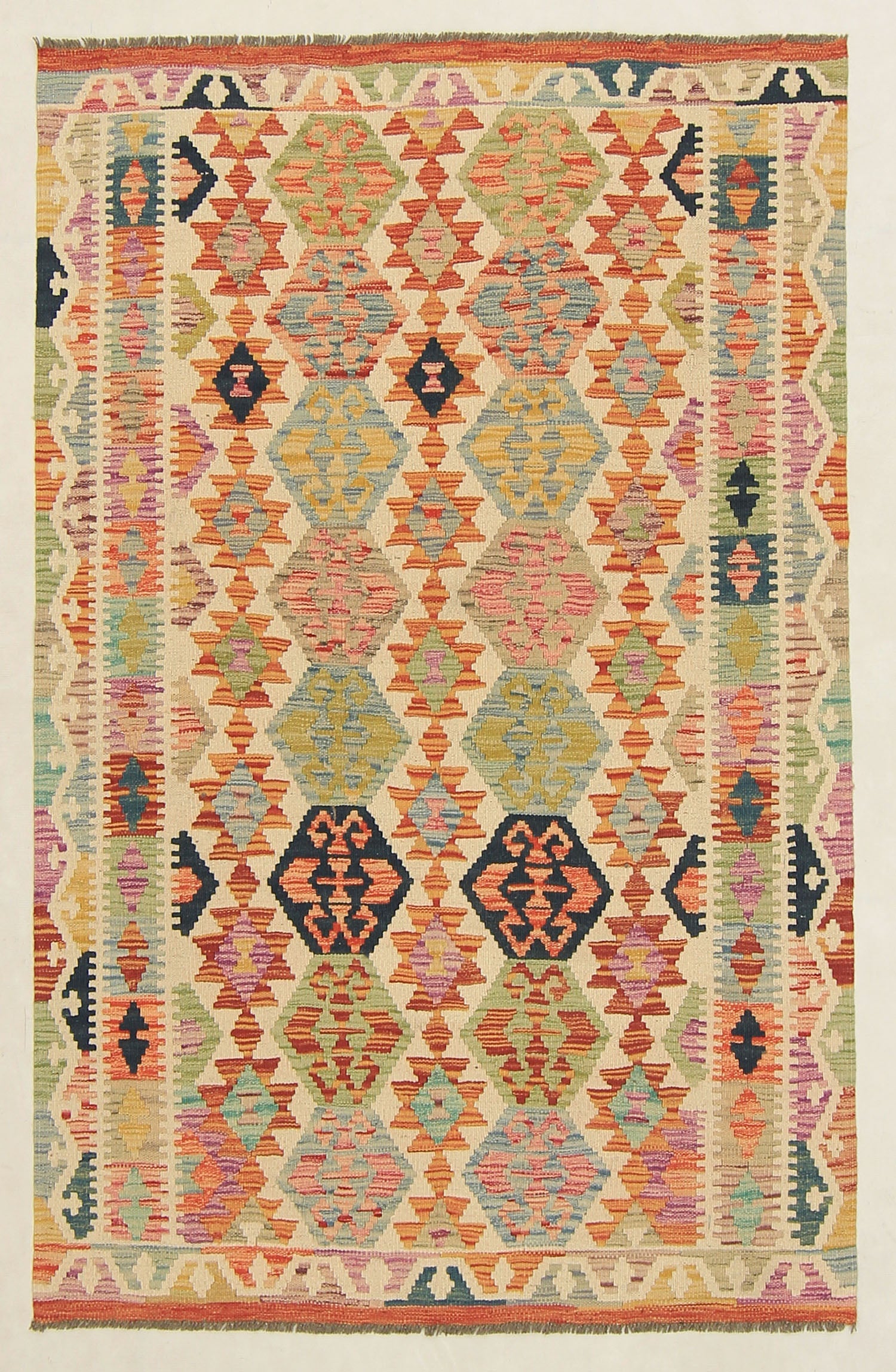 4' 6" x 6' 6 Ivory Handmade Pai Murgh Soumak Kilim Rug Rectangular